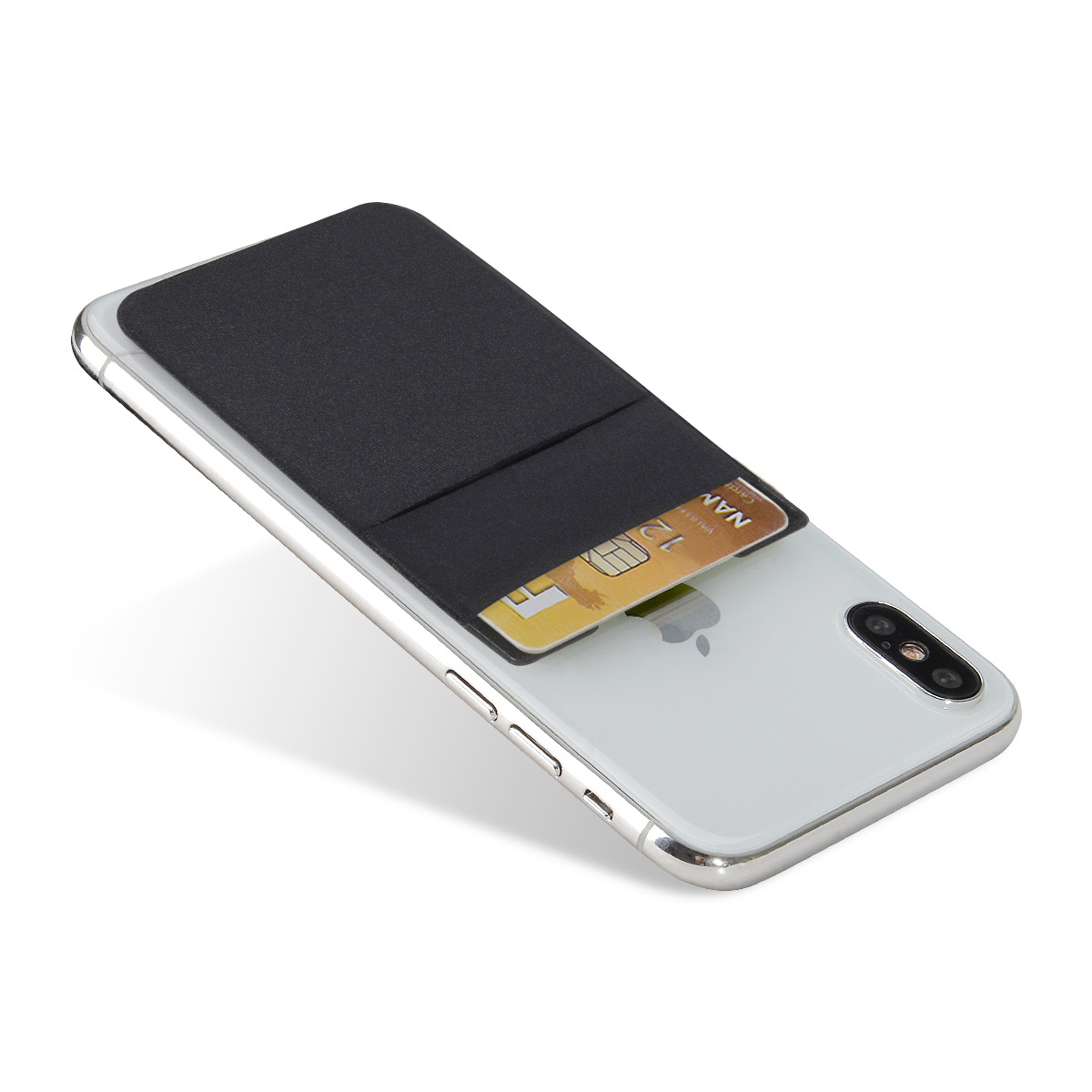 Czarny telefon z uchwytem na kartę z tyłu i kartą w uchwycie.