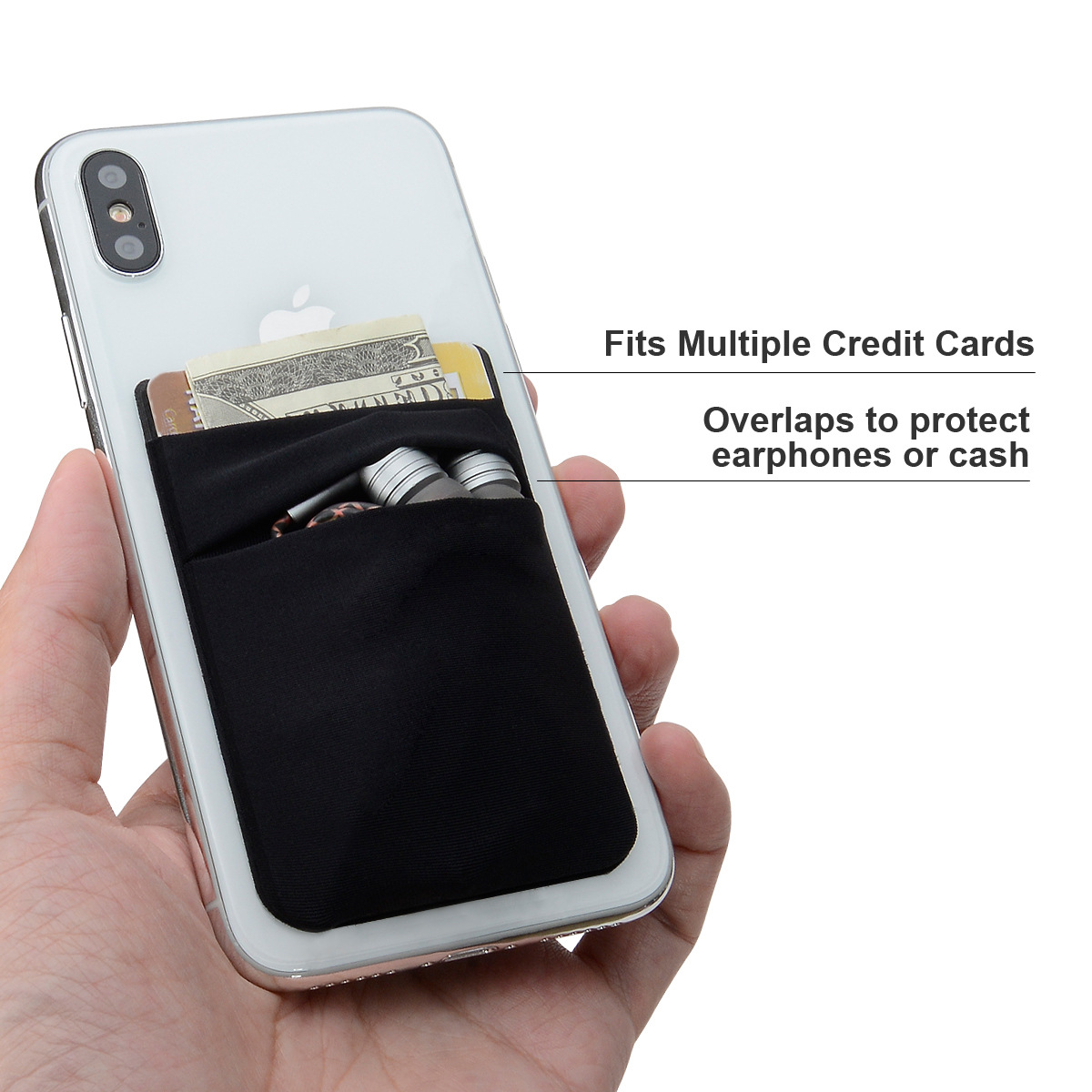 Ręka trzymająca telefon z czarną kieszenią na karty kredytowe i słuchawki.