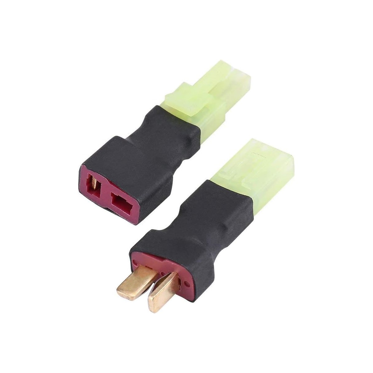 Zwei gelb-schwarze T-Stecker-Adapter. Einer ist eingesteckt. Weißer Hintergrund.