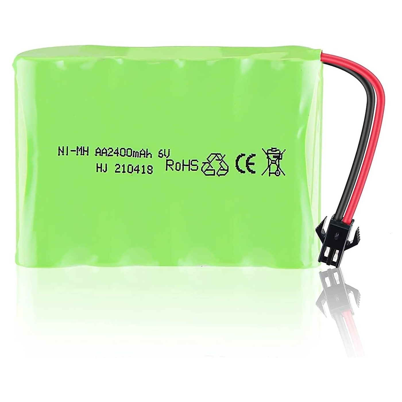 Grüne Batterie mit schwarzen und roten Drähten und Text.