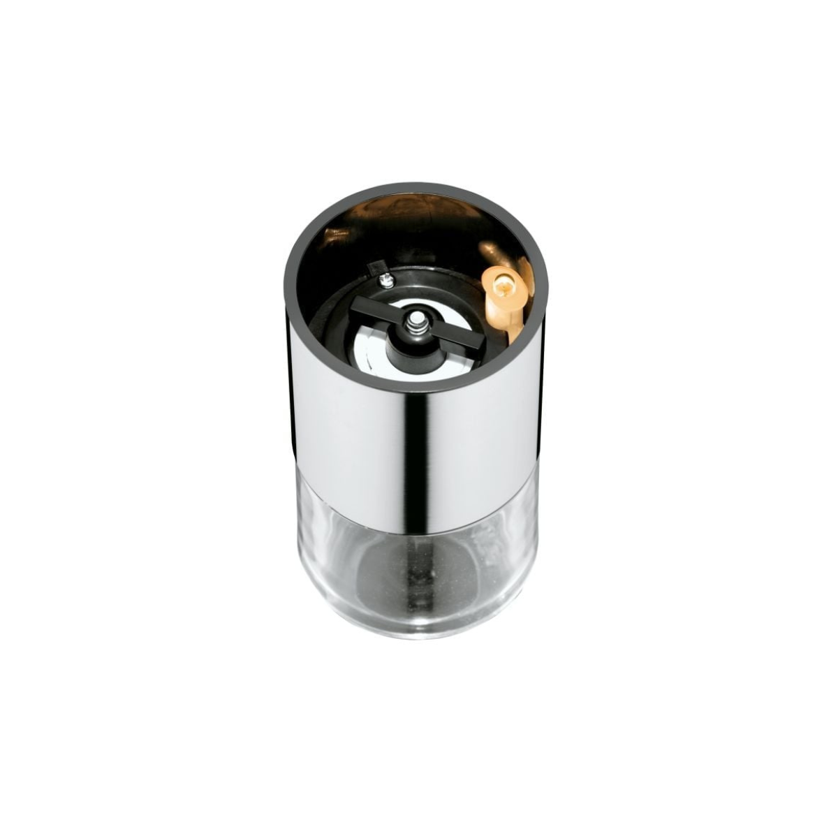 Ein Chrom-Pfeffermühle mit Glasboden, die den Mahlmechanismus zeigt.