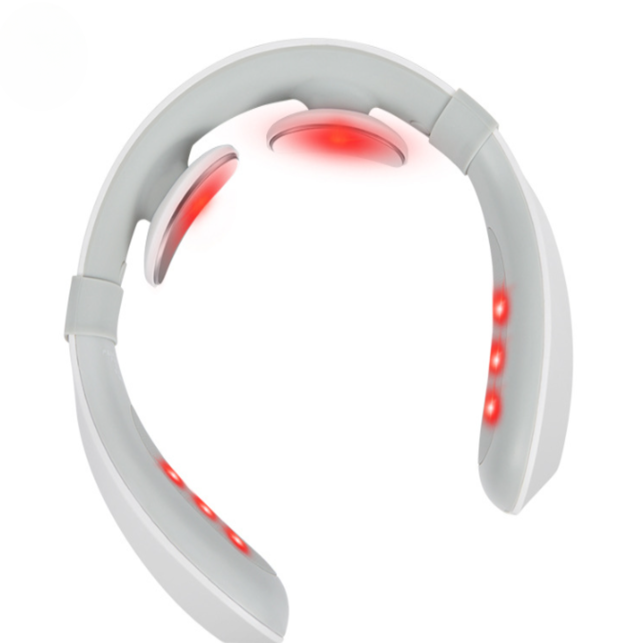 Nackenmassagegerät mit roten Lichtern und weiß-grauem Design.