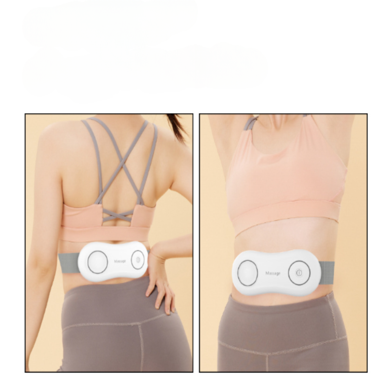 Zwei Bilder einer Frau, die einen Gürtelmassagegerät am Bauch trägt.
