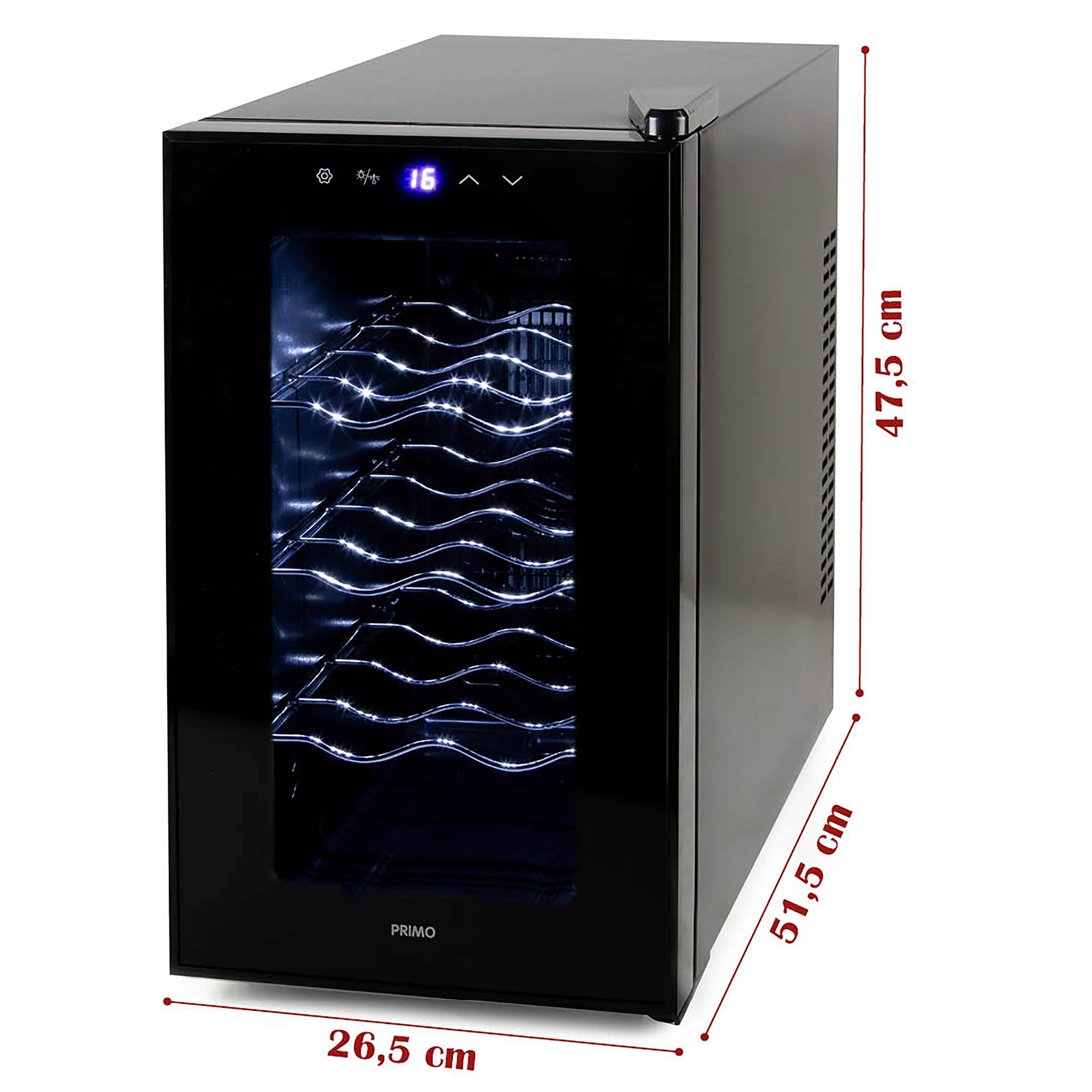 Black wine cooler with a glass door. Inside, racks hold bottles. Dimensions are labeled. Primo logo visible.