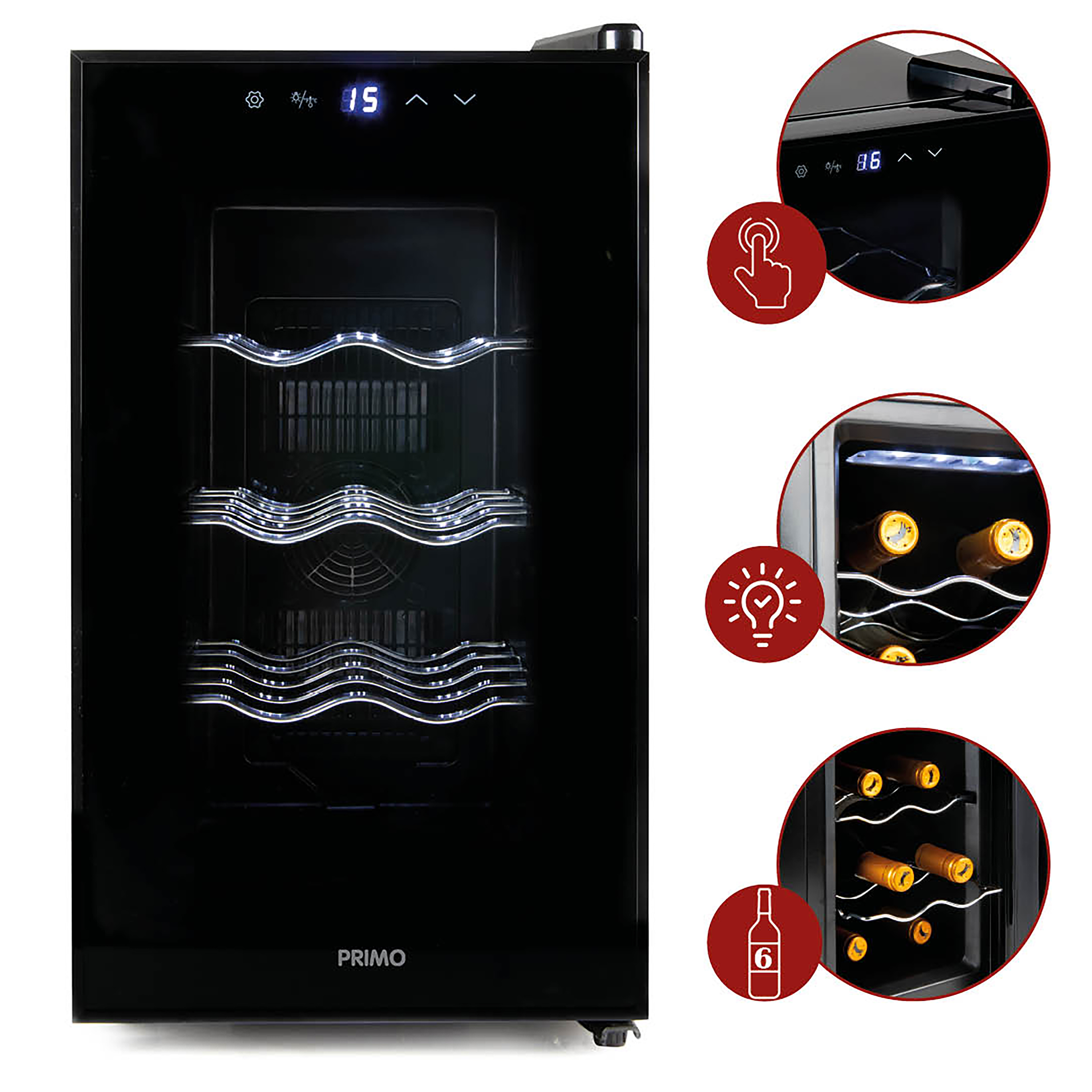 Black wine cooler with touch controls and wine bottles inside.