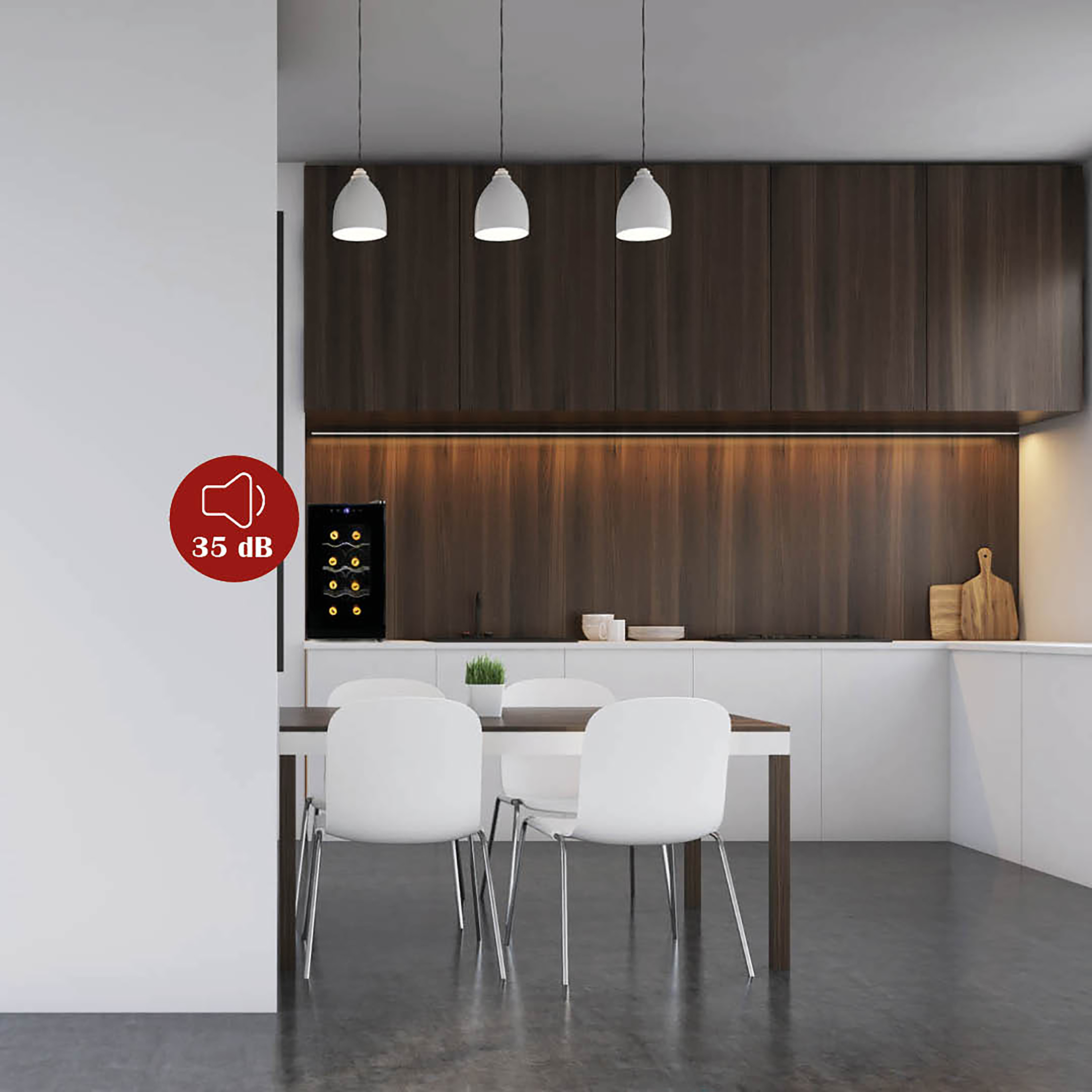 A kitchen with a wine cooler, white cabinets, and wooden paneling. A 35dB noise level is shown.