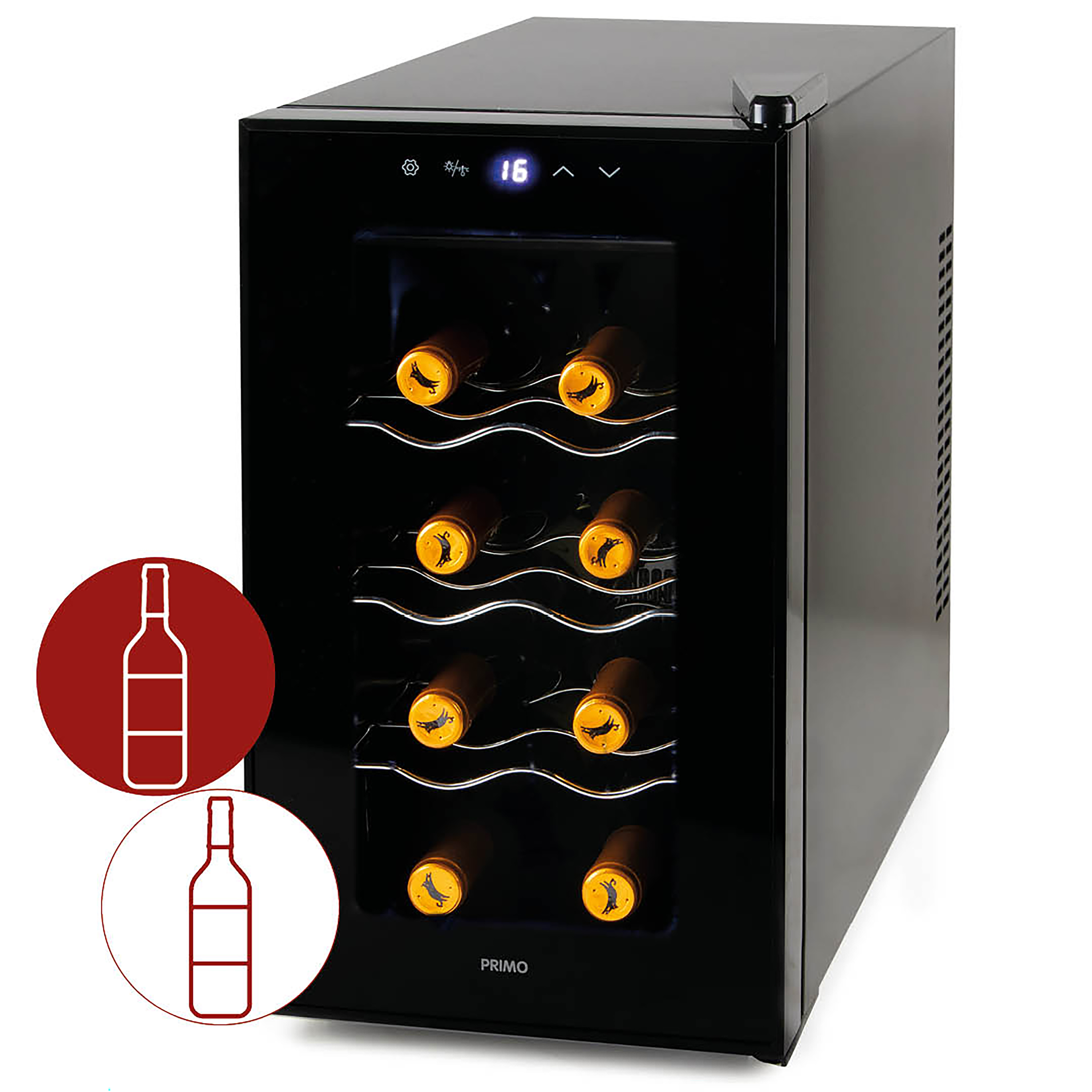 Black wine cooler with wine bottles inside, along with two wine bottle icons on the left.