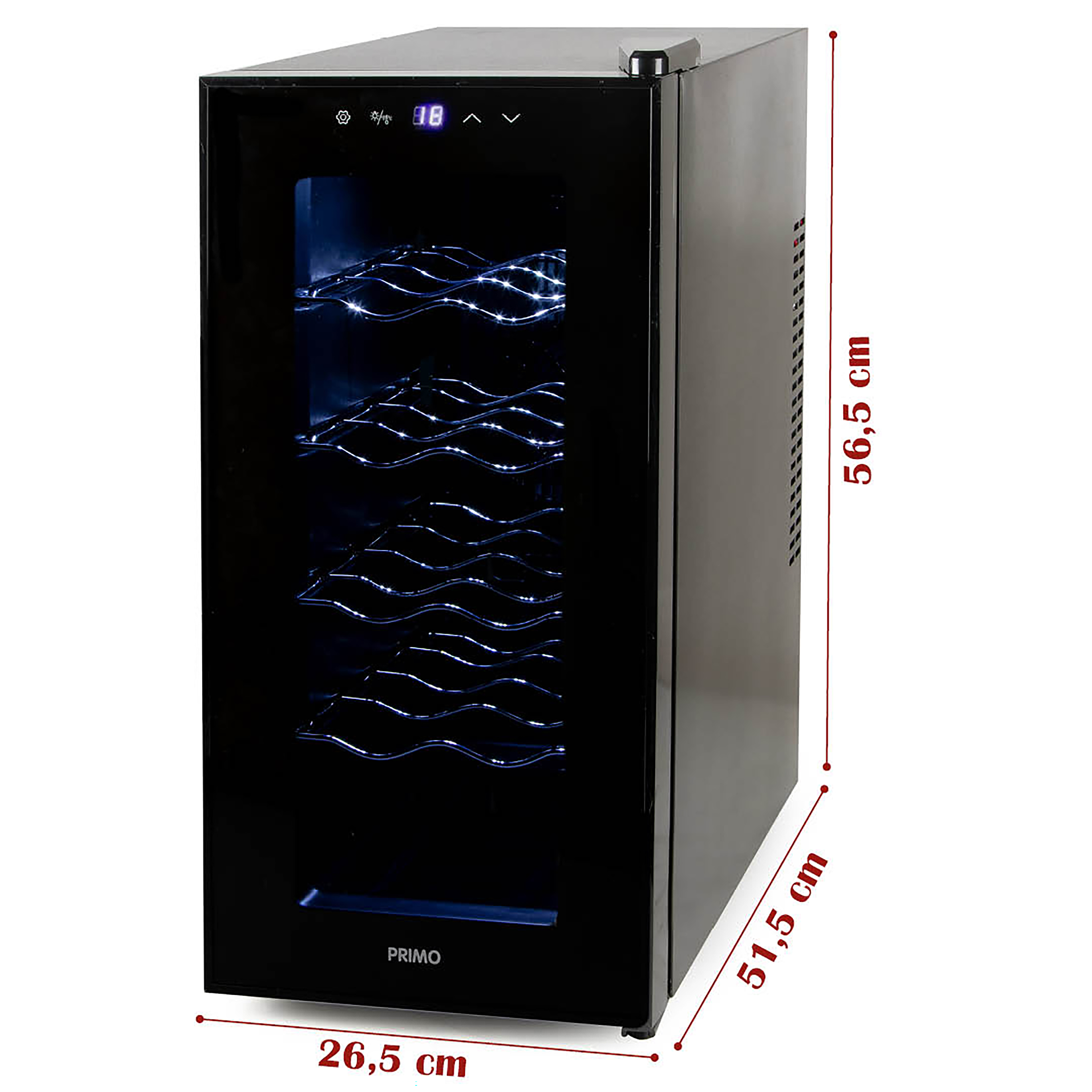 Schwarzer Weinkühler mit Glastür, Weinregale sichtbar. Abmessungen in rotem Text an der Seite.
