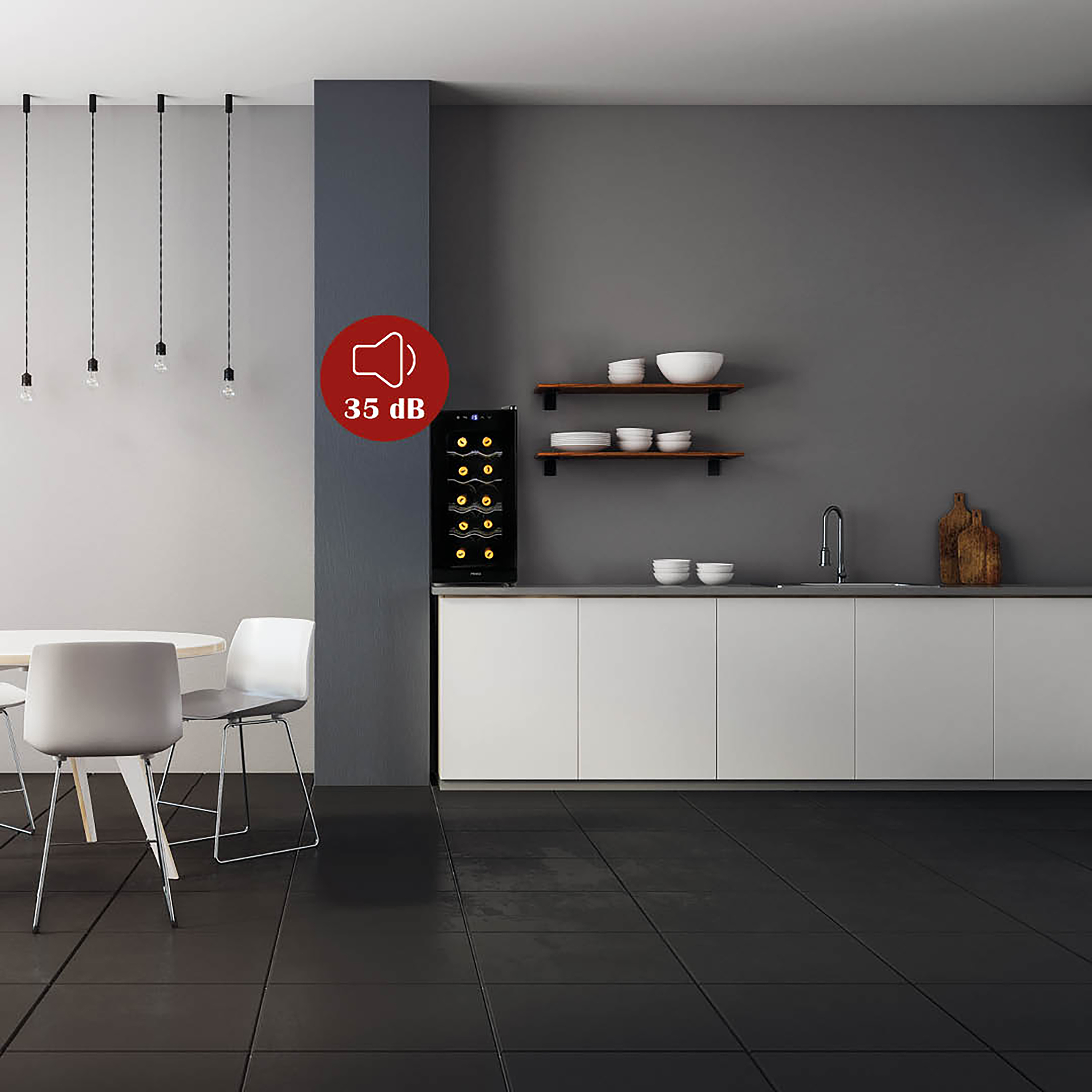 Moderne Küche mit Weinkühler. Schallpegelanzeige zeigt 35 dB. Minimalistisches Design.