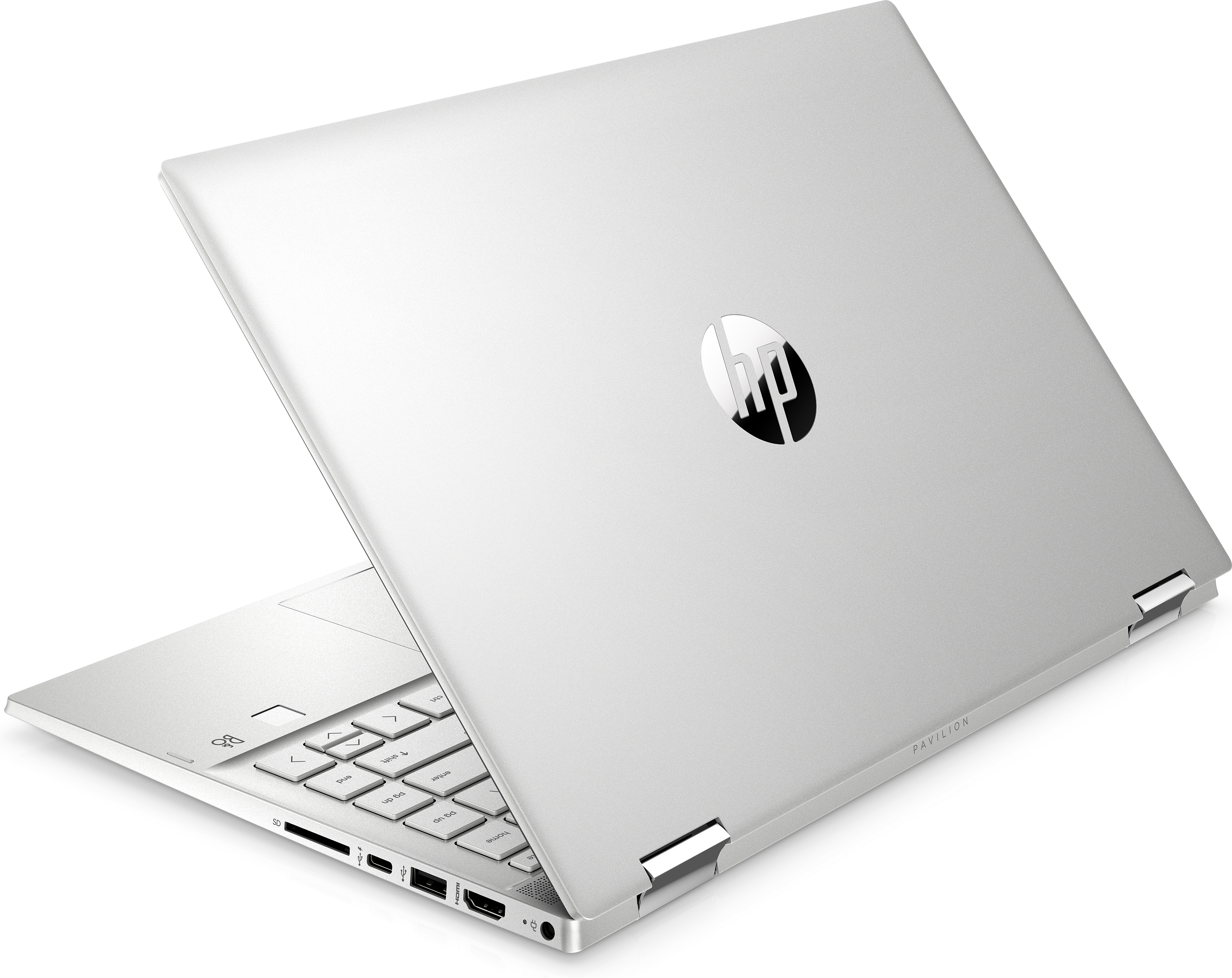 Laptop argentato, parzialmente aperto, mostra il retro con logo e tastiera.