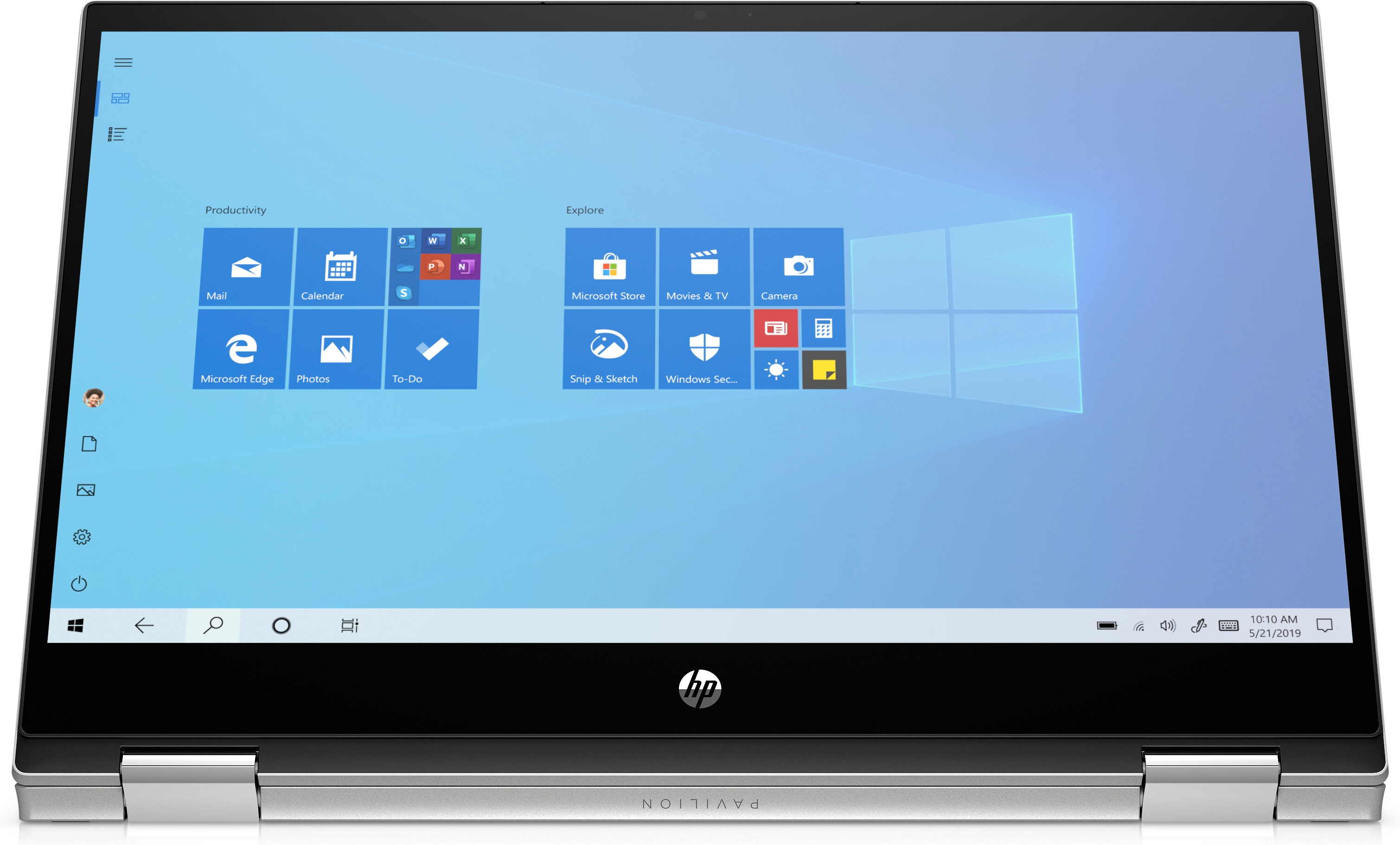 Laptop aperto con schermo Windows, tastiera sotto, cornice argentata, cornice nera.