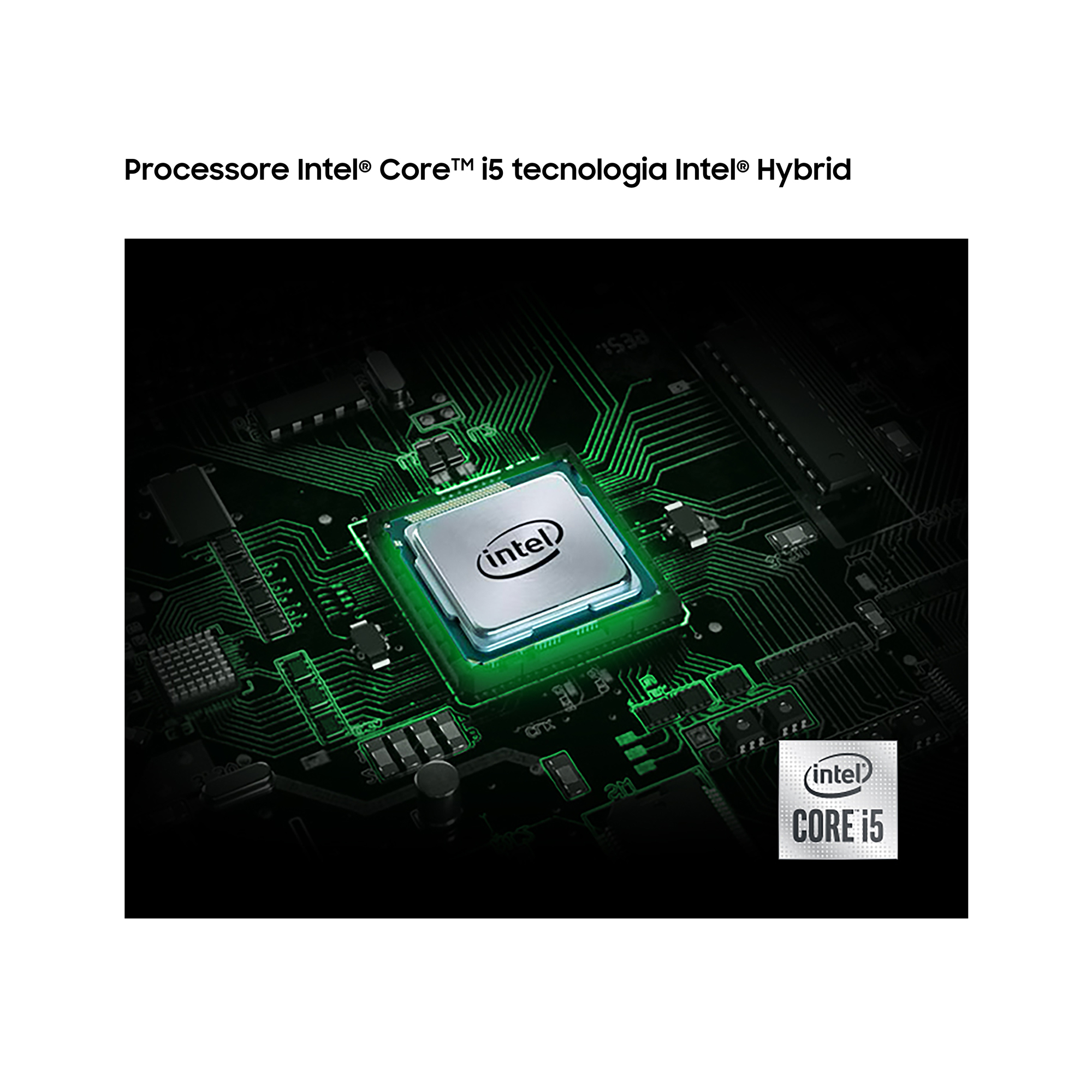 Un processore Intel Core i5 su un circuito stampato verde, con il logo Intel Core i5.