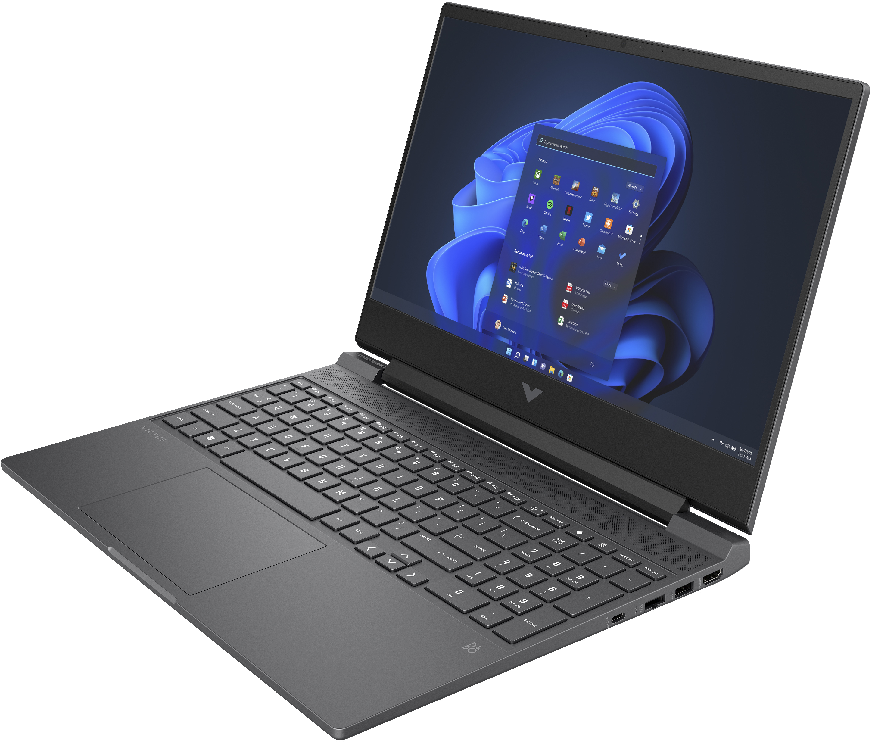 Laptop, gray, open, showing Windows 11 screen. Keyboard visible. Black frame, black screen, and black hinges.
