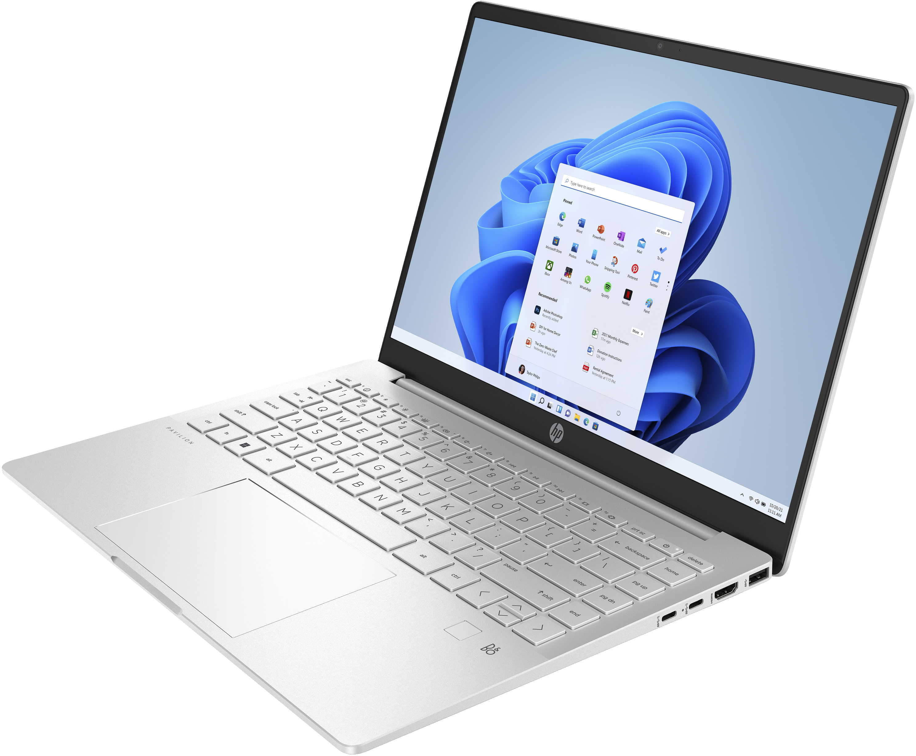 Ein silberner Laptop mit geöffneter Windows 11 Oberfläche auf dem Bildschirm.