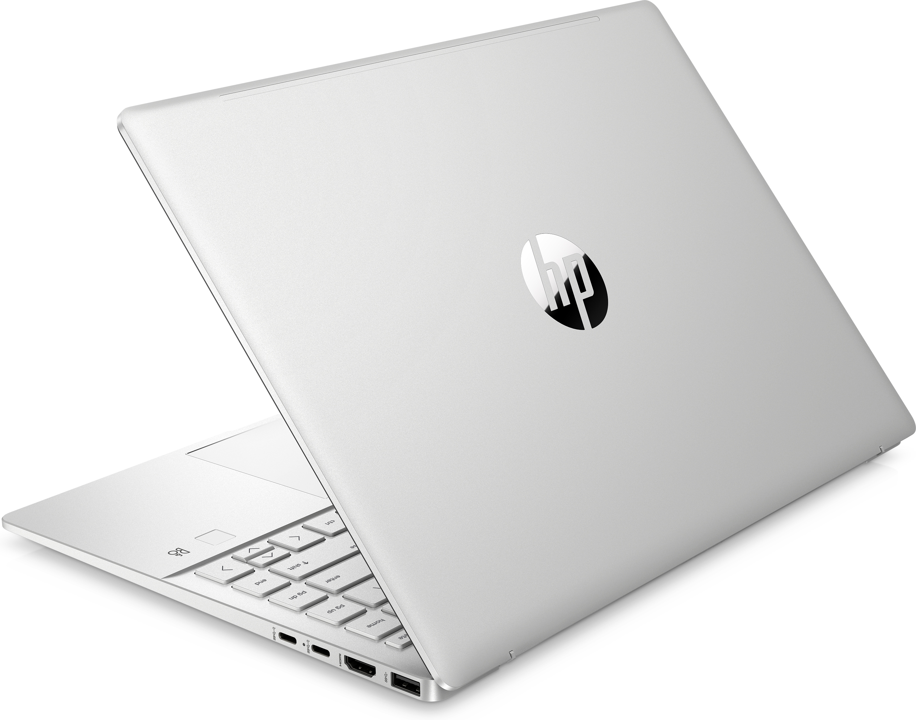 Die Rückseite eines silbernen Laptops mit dem HP-Logo. Der Laptop ist leicht geöffnet.