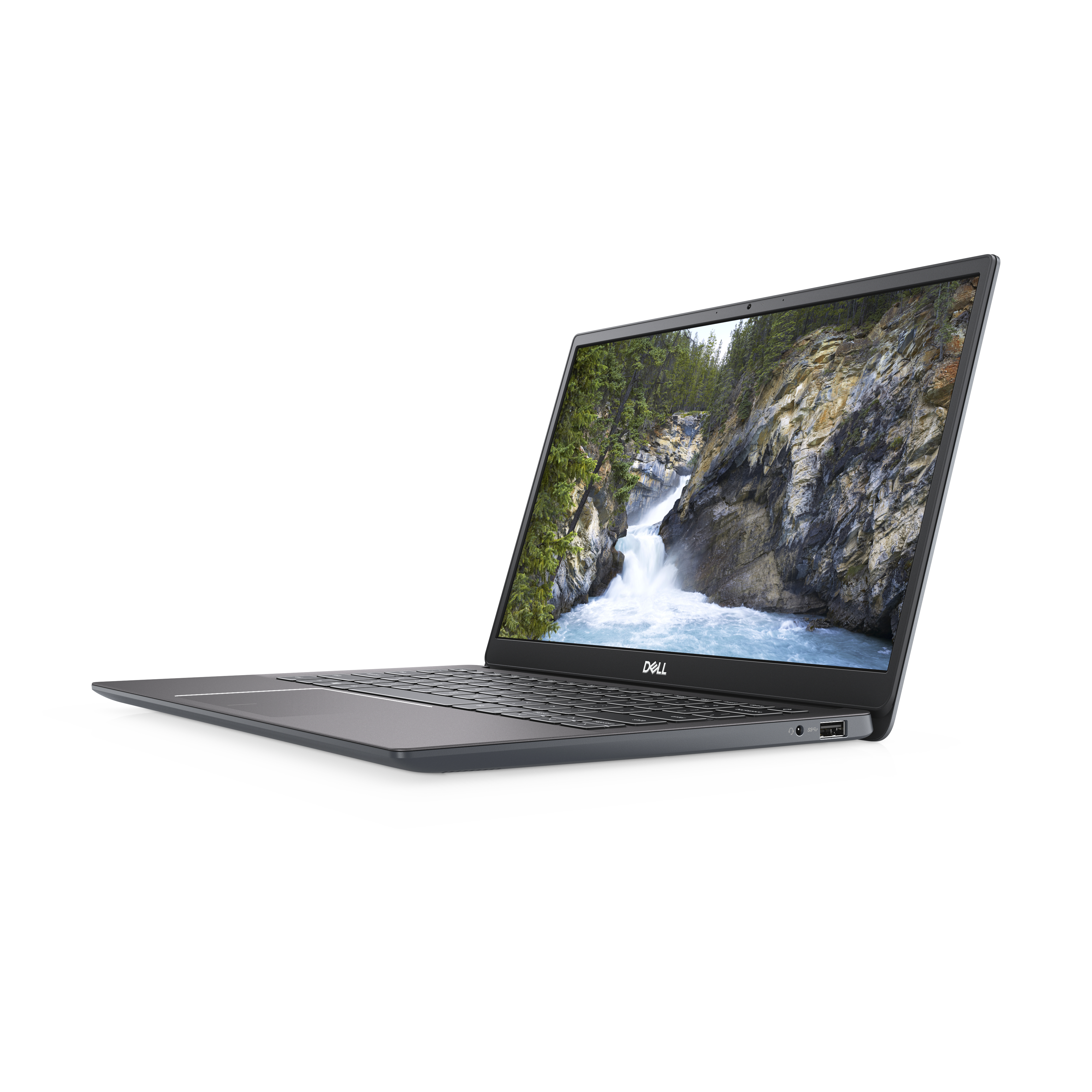 Laptop con scena di cascata sullo schermo, aperto su sfondo bianco.