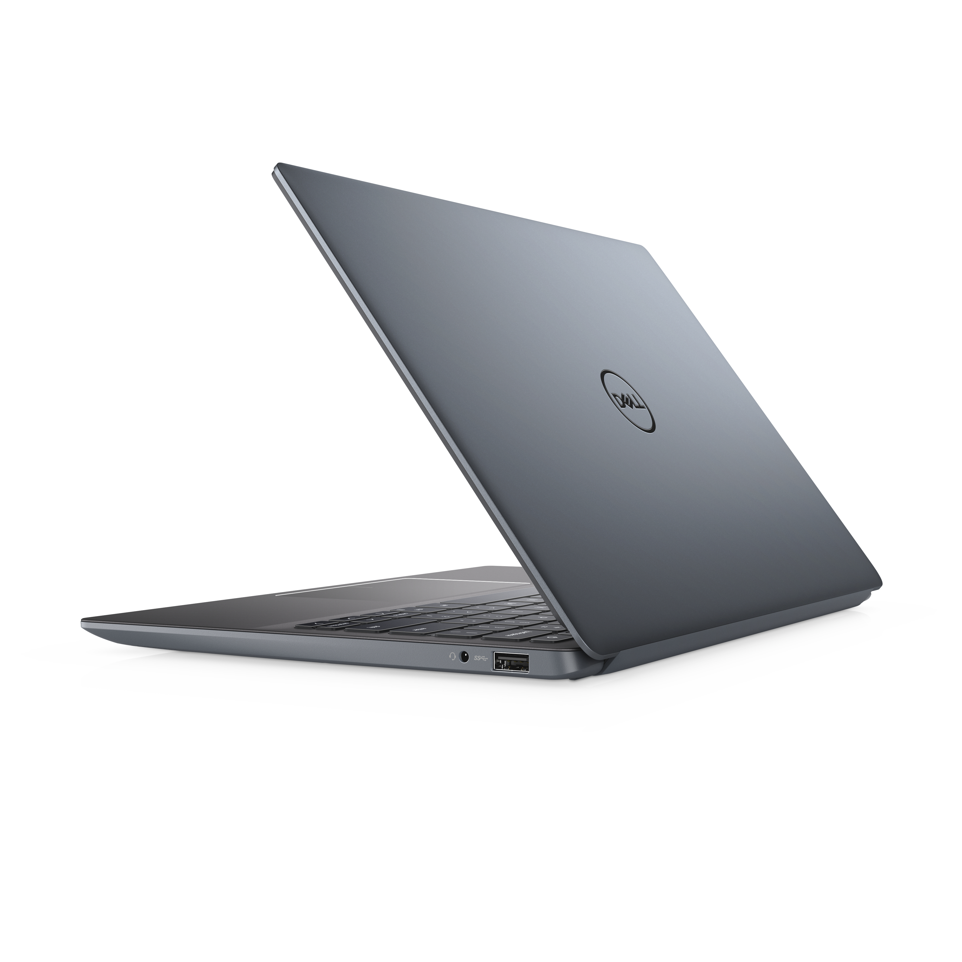 Laptop grigio, aperto, con logo Dell sul coperchio. Sfondo bianco.