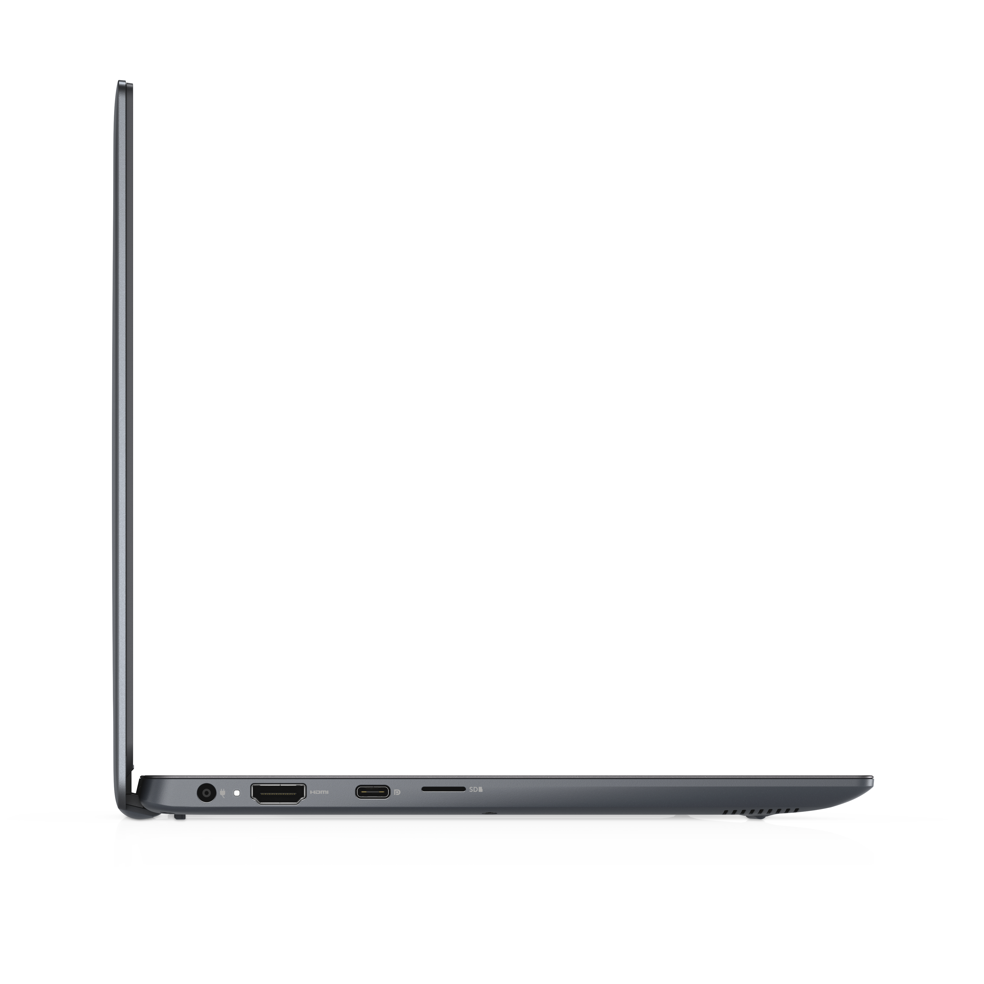 Laptop grigio di lato, aperto. Le porte sul lato sono visibili.