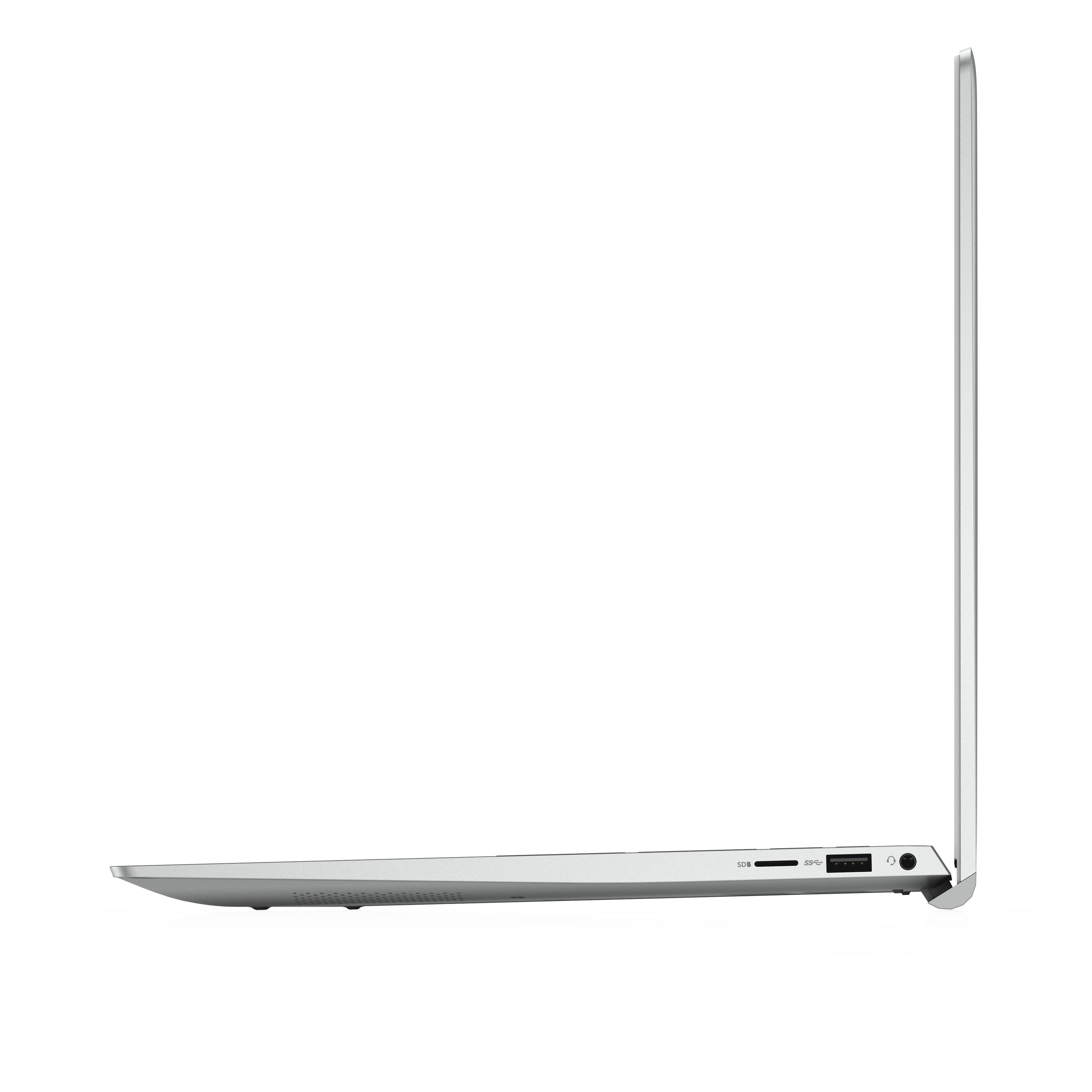 Vista laterale di un laptop argentato, con lo schermo aperto. Il laptop è su uno sfondo bianco.