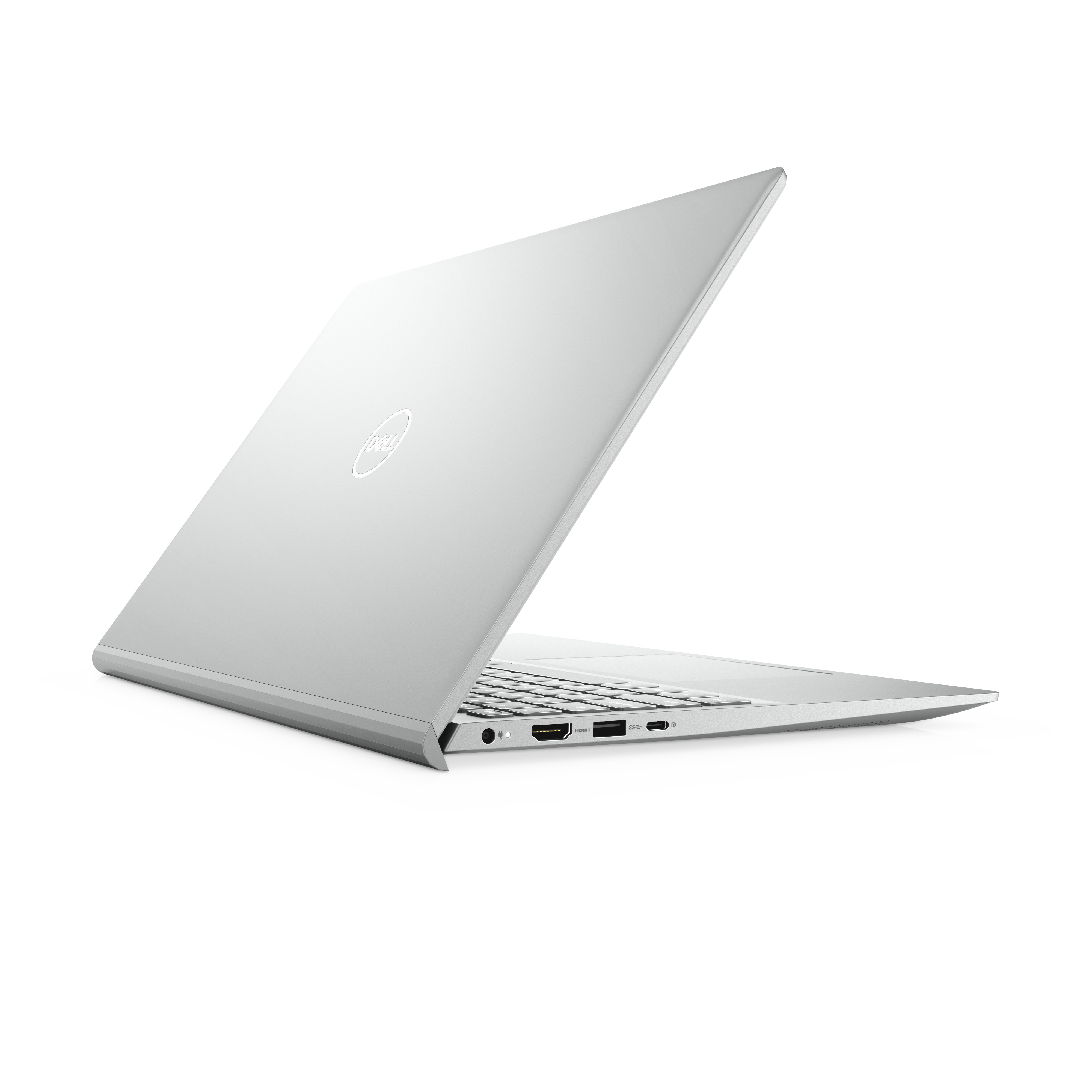 Laptop Dell argento, vista posteriore, leggermente aperto. Logo Dell visibile sul coperchio. Sfondo bianco.