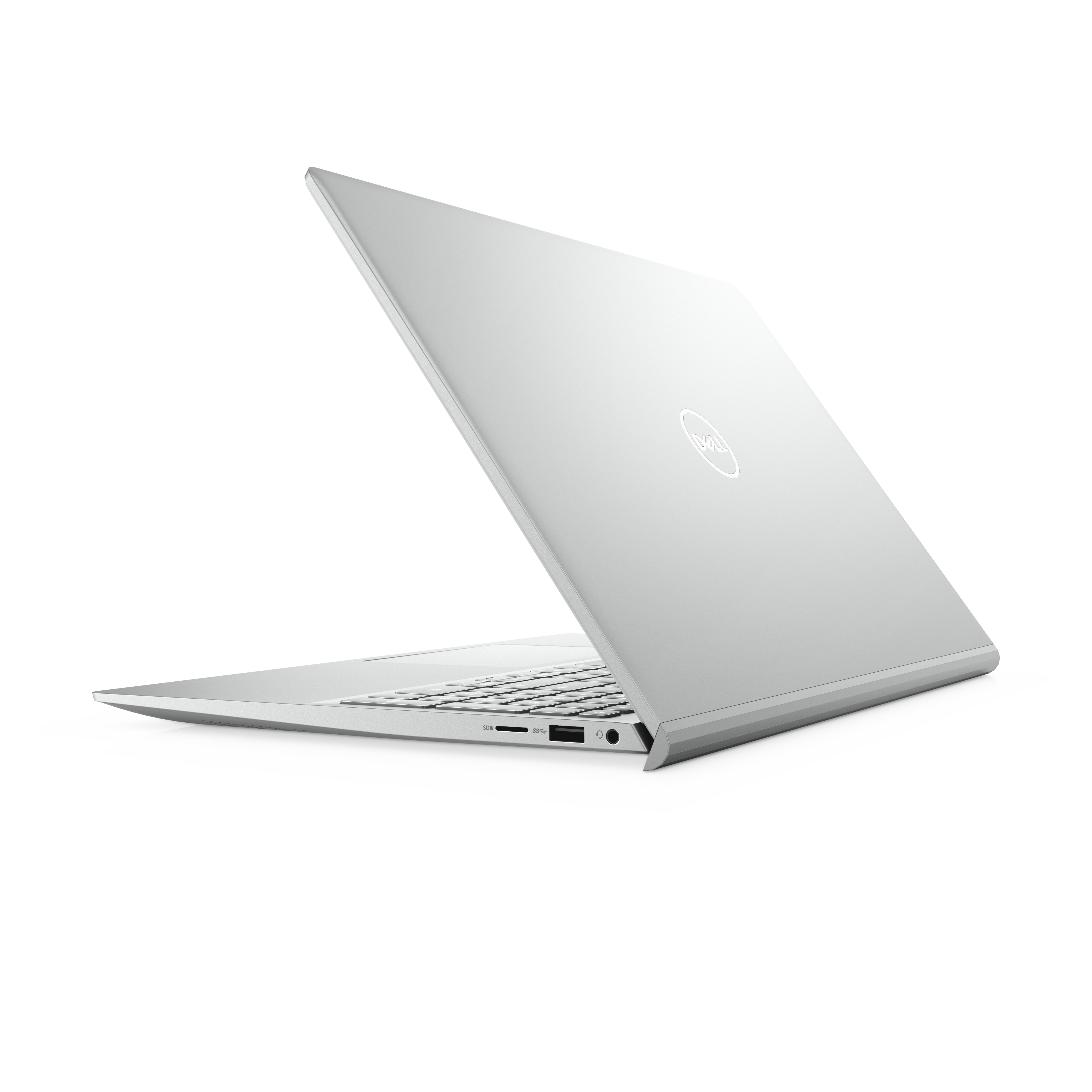 Laptop Dell argento, vista posteriore, aperto. Logo Dell visibile sul coperchio. Sfondo bianco.