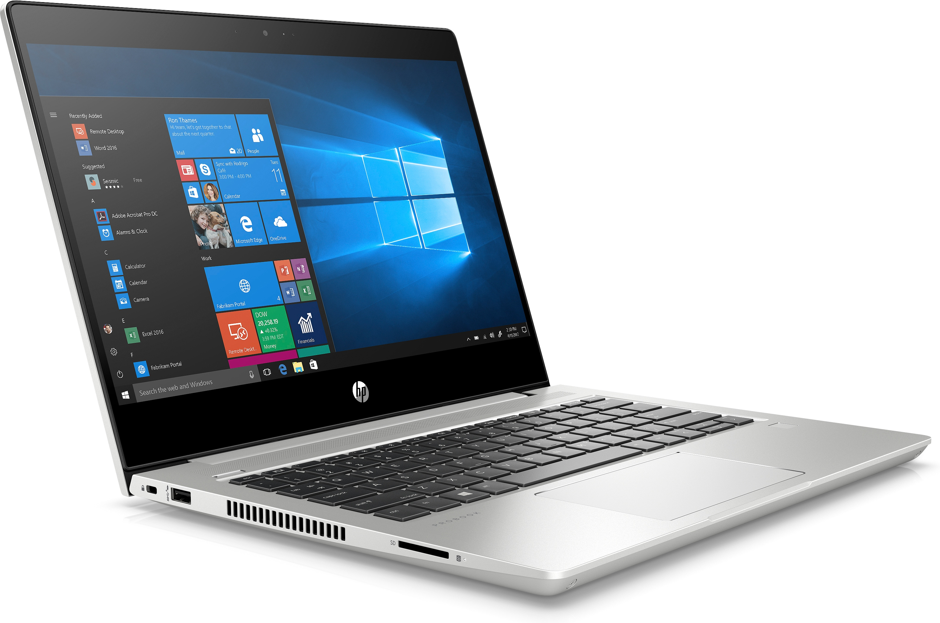 Laptop argento con interfaccia Windows. La tastiera è nera. Il laptop è angolato.
