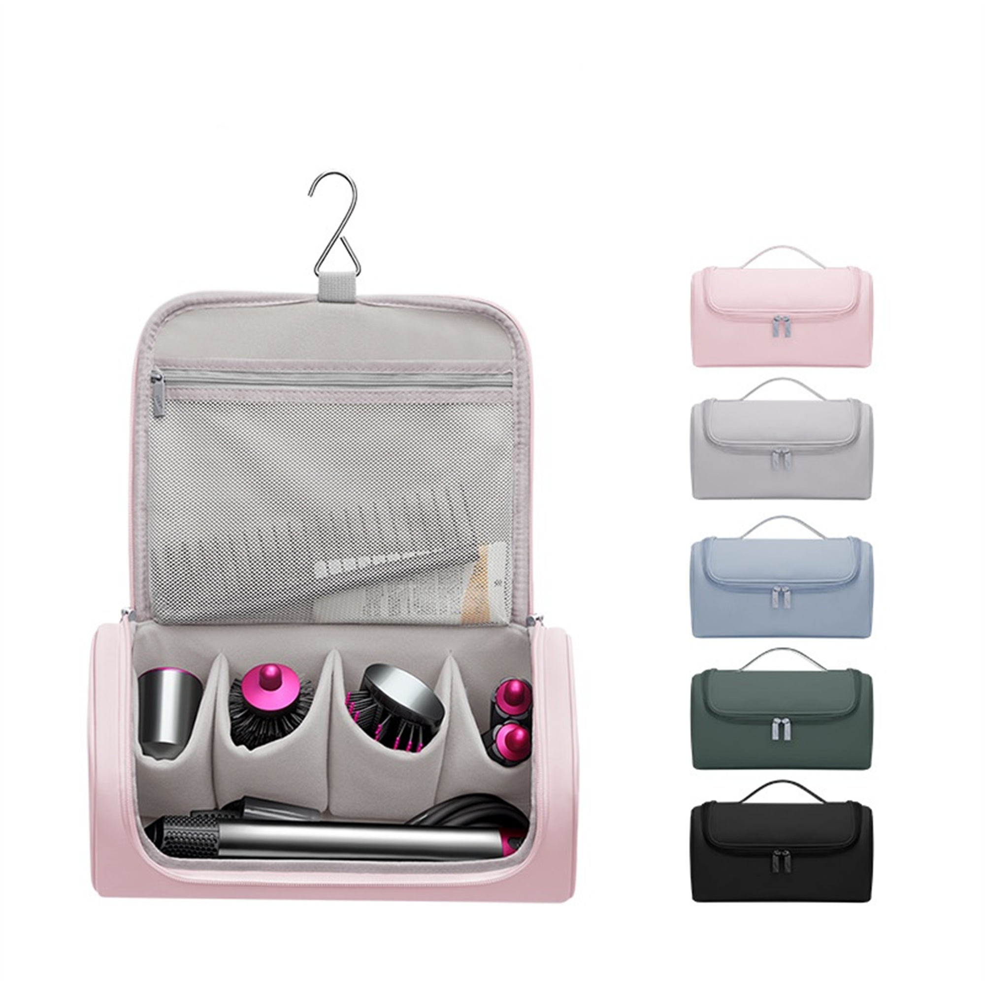 Eine rosa Kosmetiktasche zum Aufhängen mit Fächern, Bürsten und anderen Schönheitsartikeln sowie fünf ähnlichen Taschen.