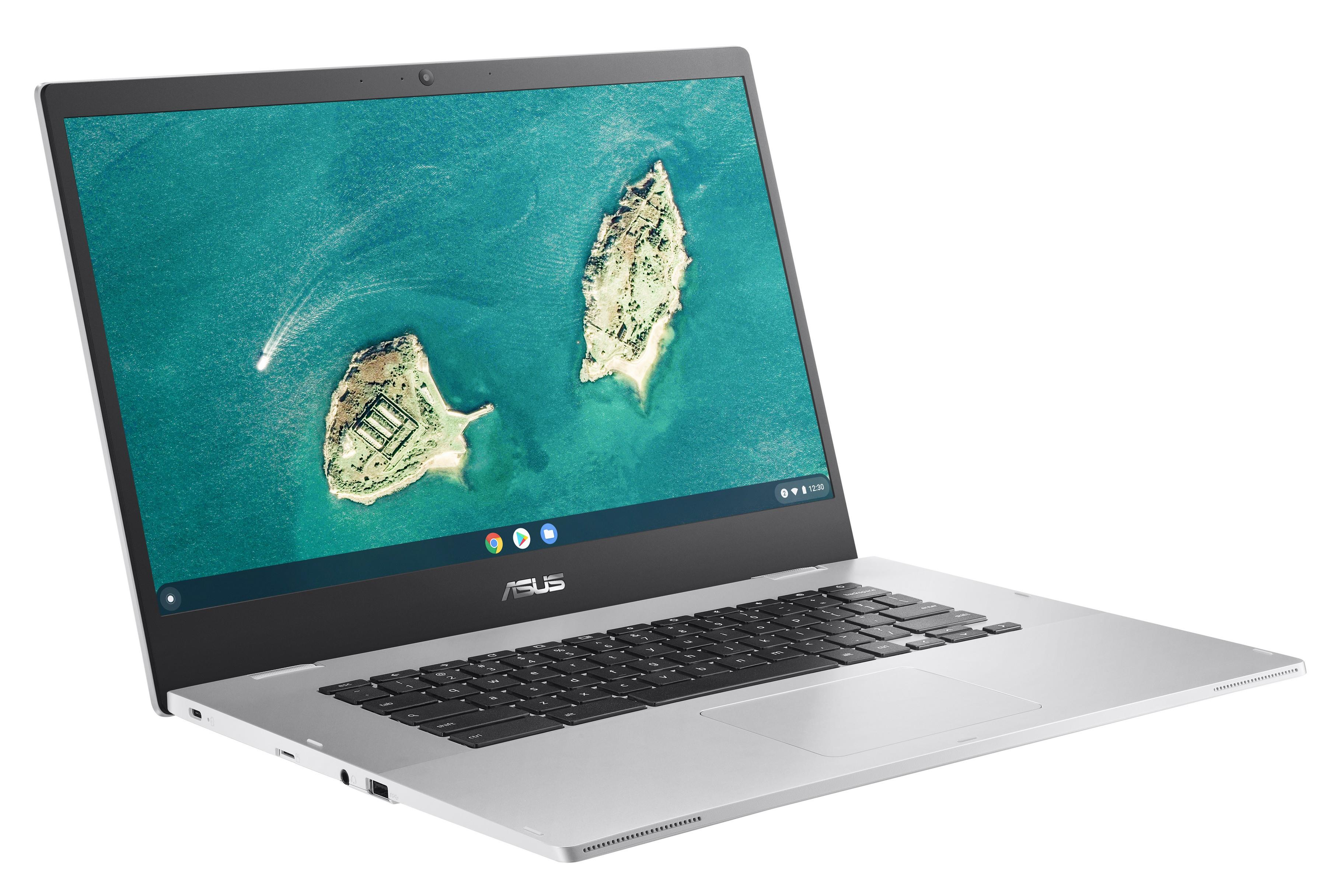 Laptop Asus argentato aperto, che mostra una scena marina sullo schermo. Il laptop è inclinato a sinistra.