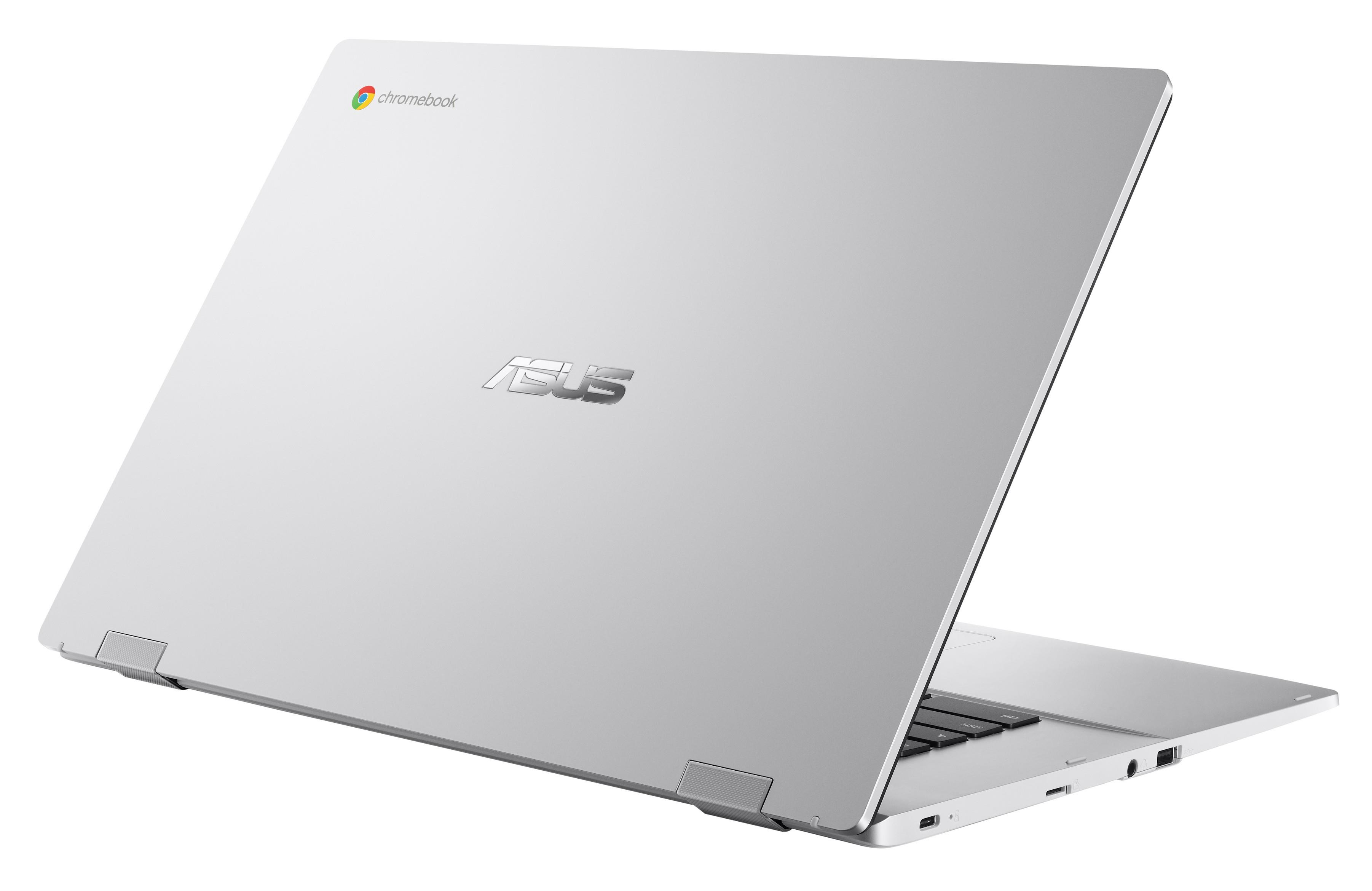 Laptop bianco con coperchio chiuso, angolato, con il logo ASUS e Chromebook.