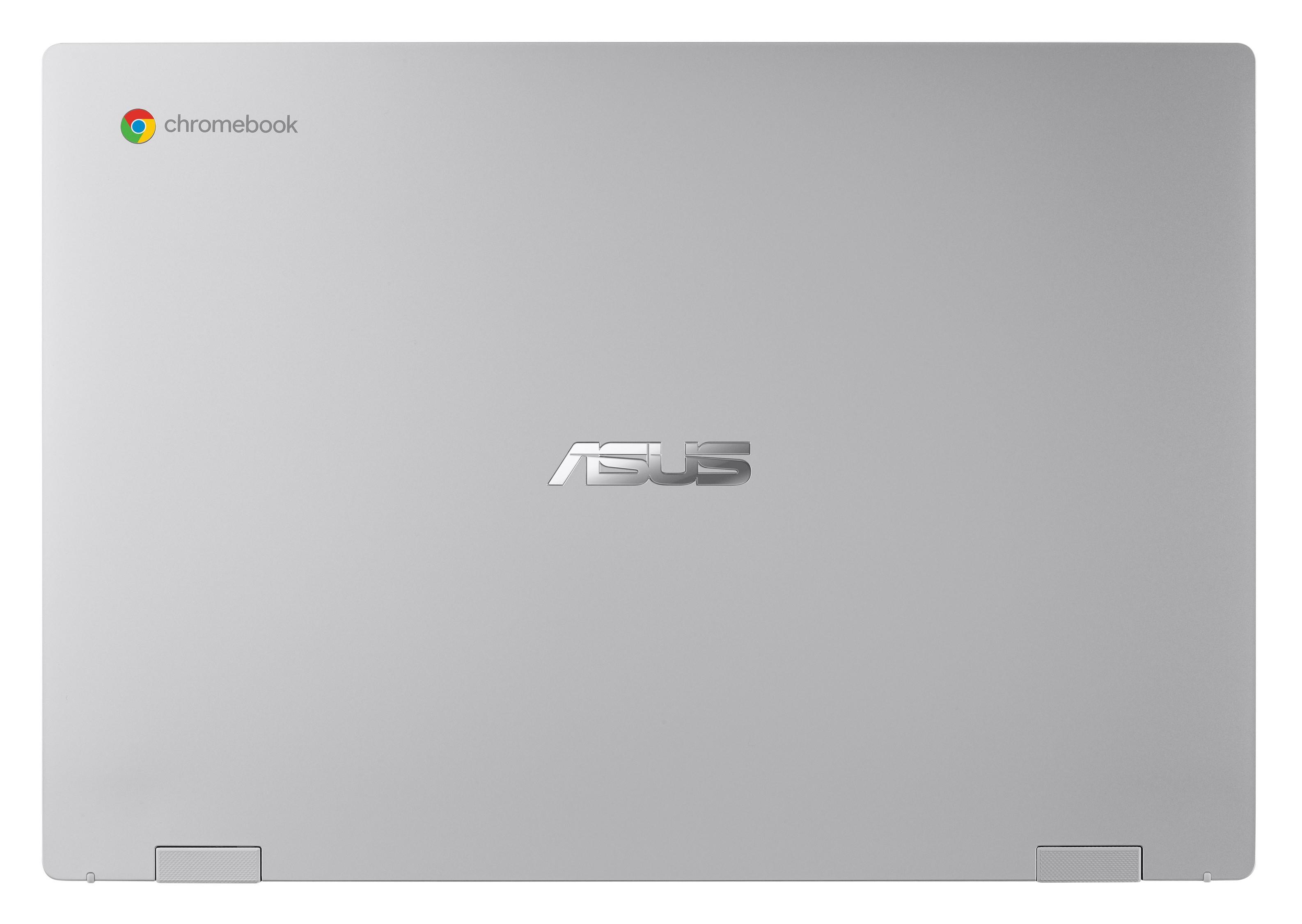 Laptop Chromebook argentato, vista dall'alto, chiuso. Logo ASUS centrato, logo Chromebook in alto a sinistra.