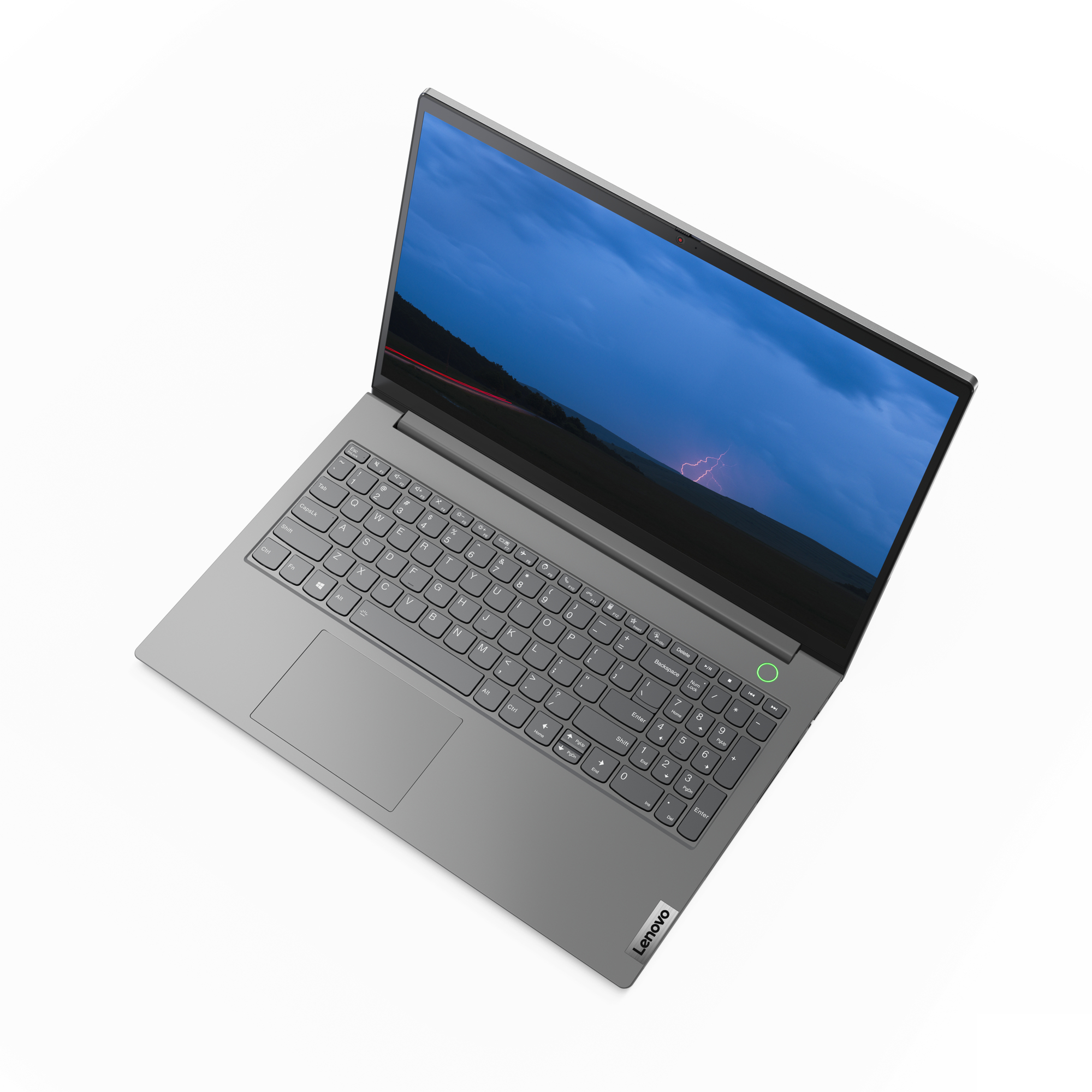 Laptop Lenovo grigio, aperto, angolato. Lo schermo mostra un temporale. Sfondo bianco.