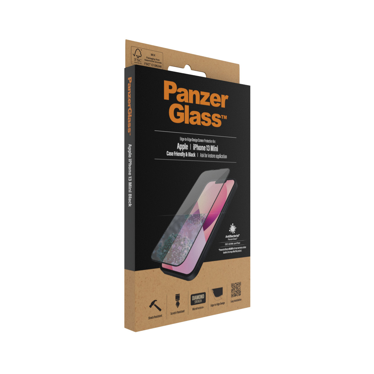 Een doos voor iPhone 13 Mini schermbeschermer, met een telefoonillustratie.