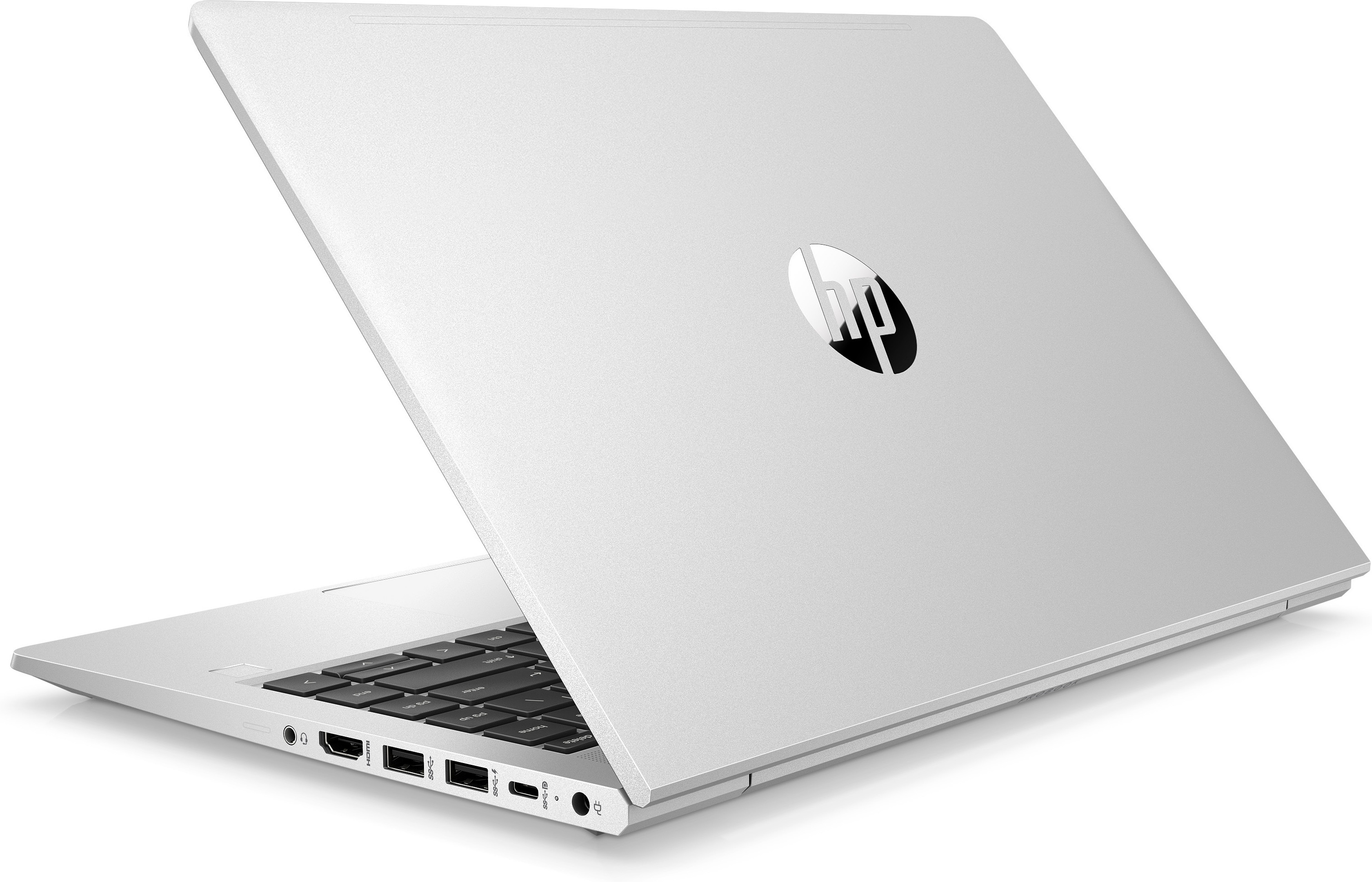Laptop HP argentato, coperchio aperto, mostra tastiera e logo HP. Sfondo bianco.