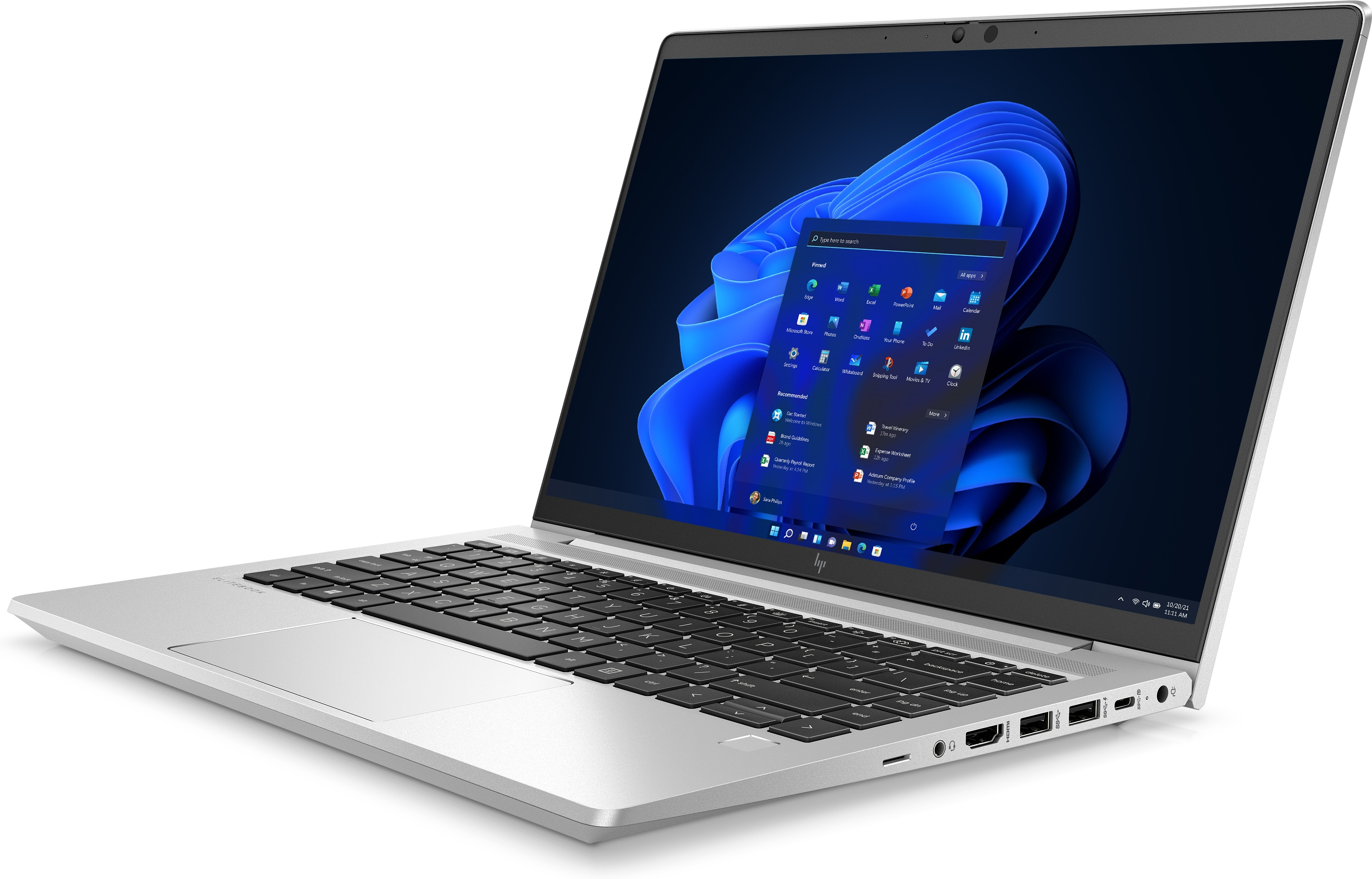 Silberner HP Laptop offen, Windows-Oberfläche anzeigend. Schwarze Tastatur, dunkelblauer Hintergrund.