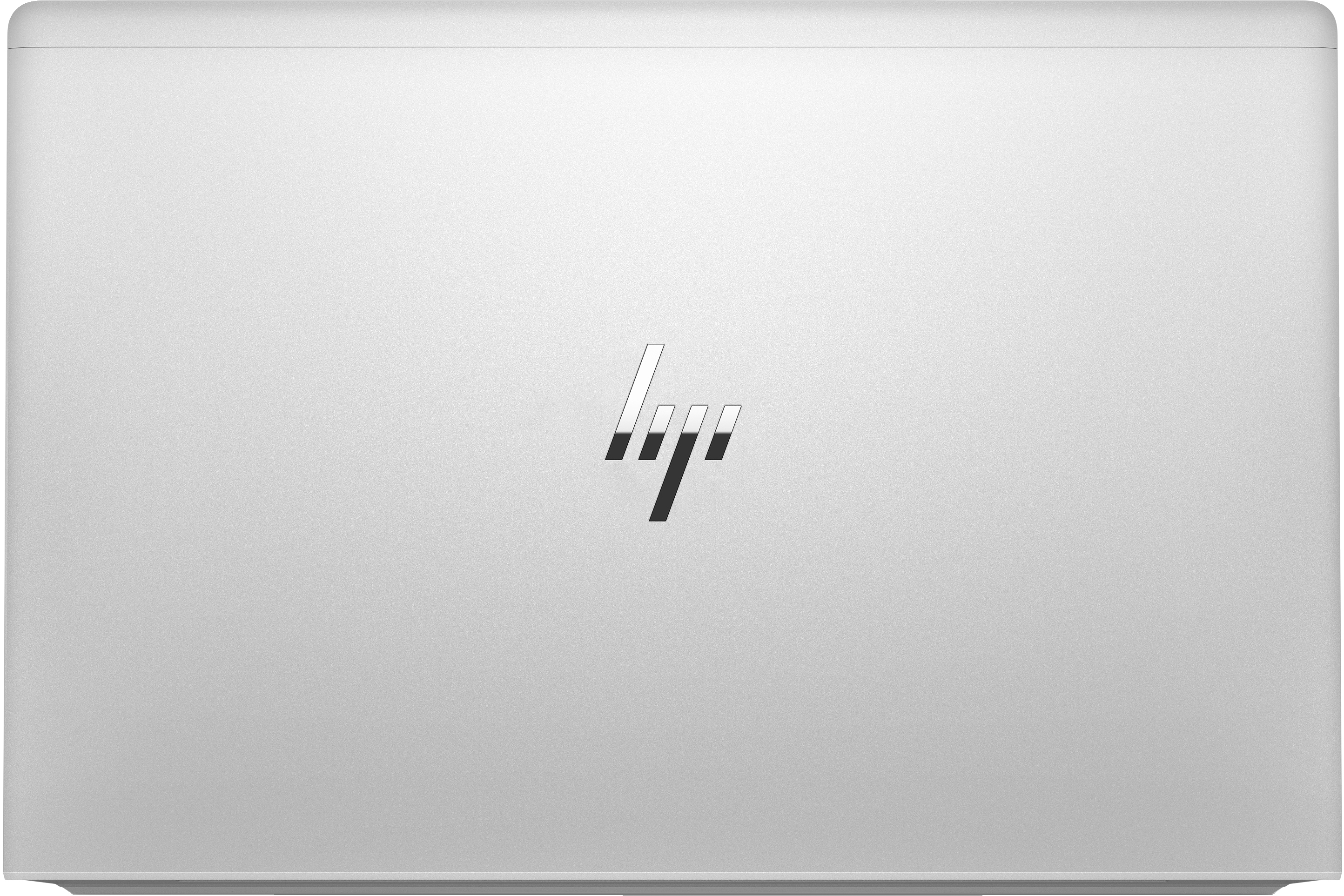 Silberner Laptop, Draufsicht, mit HP-Logo. Weißer Hintergrund.