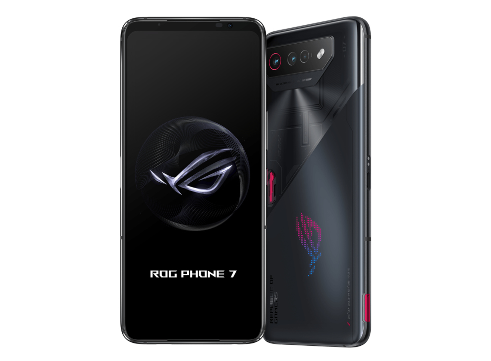 Ein schwarzes ROG Phone 7 auf weißem Hintergrund, Vorder- und Rückseite.