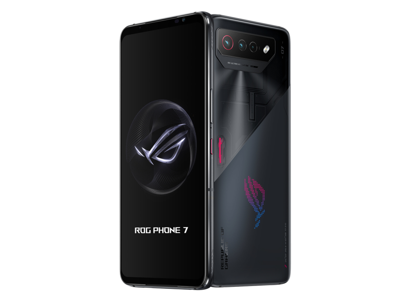 ROG Phone 7, schwarz. Vorne Bildschirm, hinten Kameras und ROG-Logo. Schräge Ansicht.