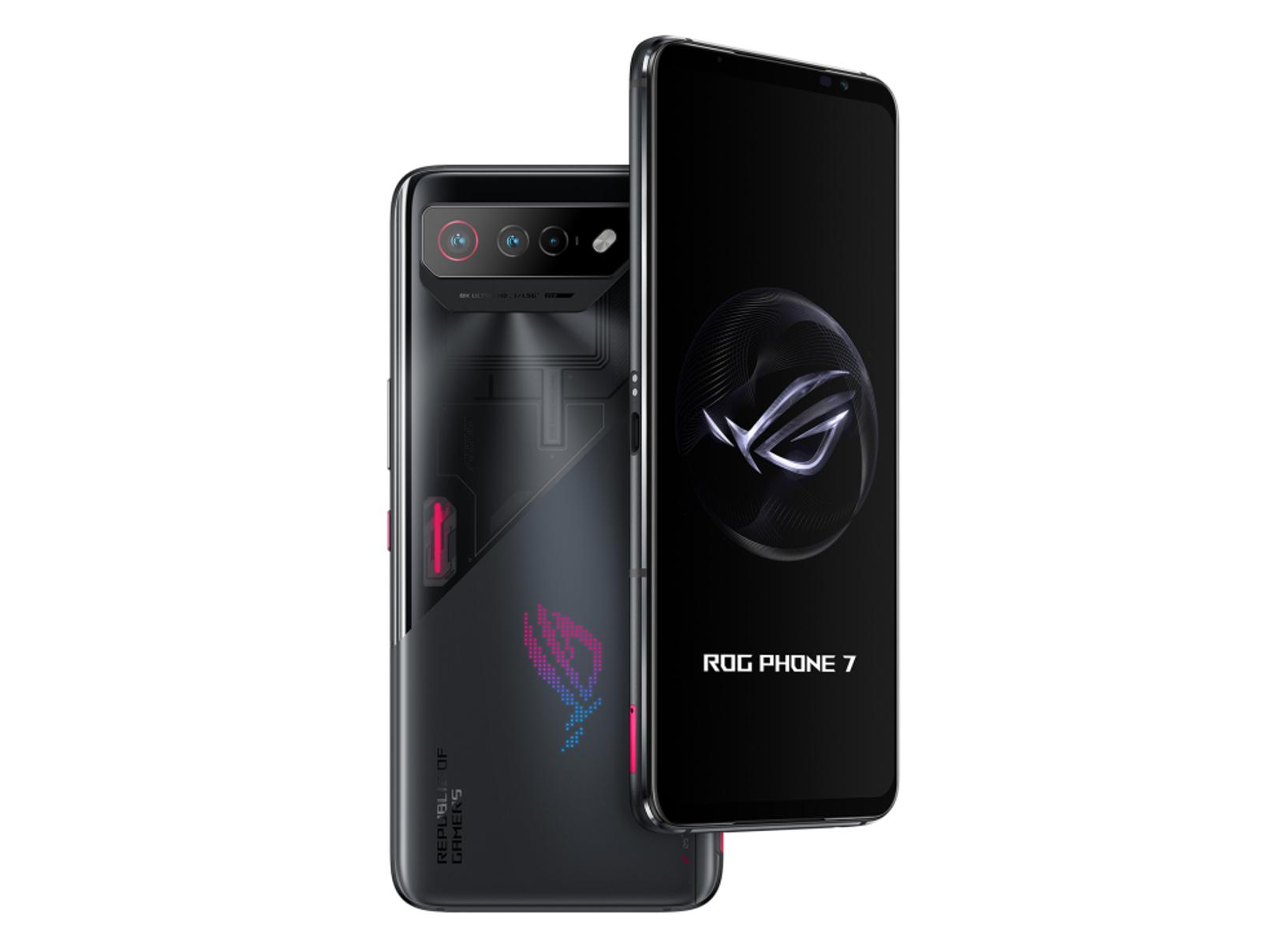 Zwei schwarze ROG Phone 7 Telefone. Eines zeigt Logo, das andere Kameras und transparenten Rücken.