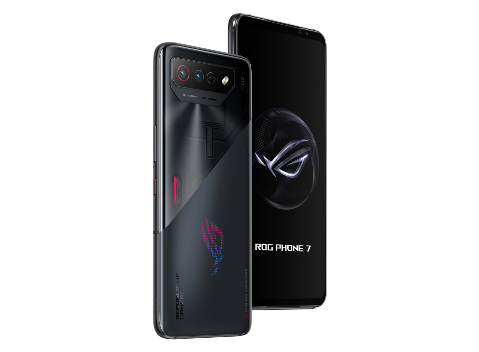 Zwei schwarze ROG Phone 7 Smartphones, eins zeigt die Rückseite, das andere den Bildschirm.