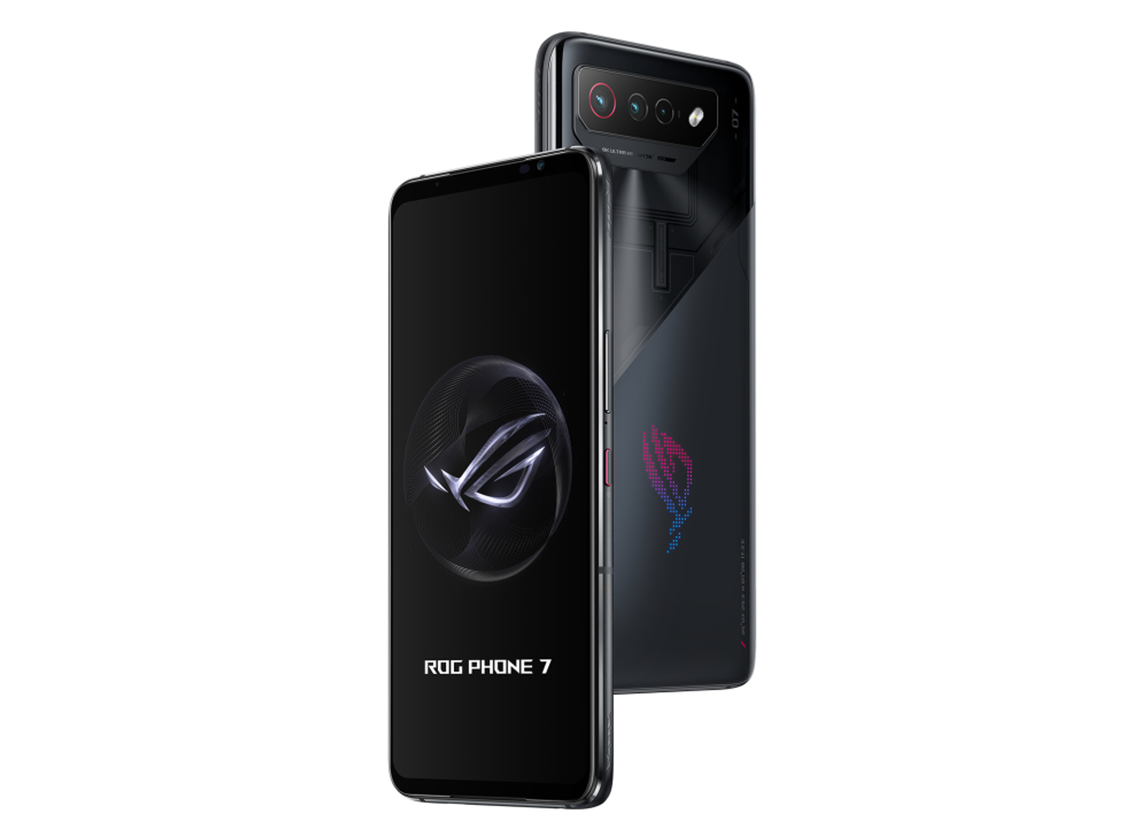 Zwei ROG Phone 7 Smartphones. Eines zeigt seinen Bildschirm, das andere seine Rückseite.