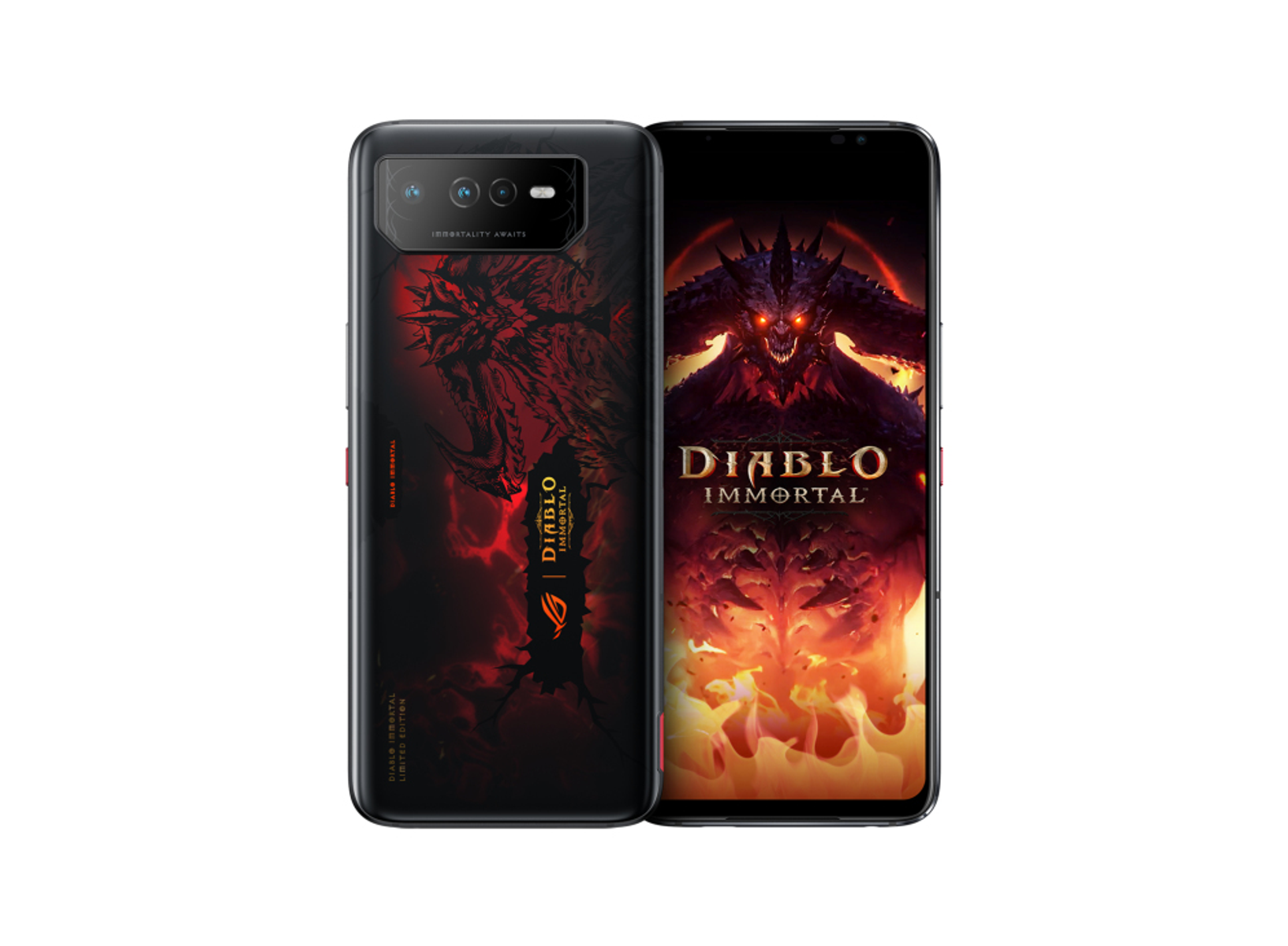 Smartfon z grą Diablo Immortal. Tył pokazuje demoniczny design. Białe tło.