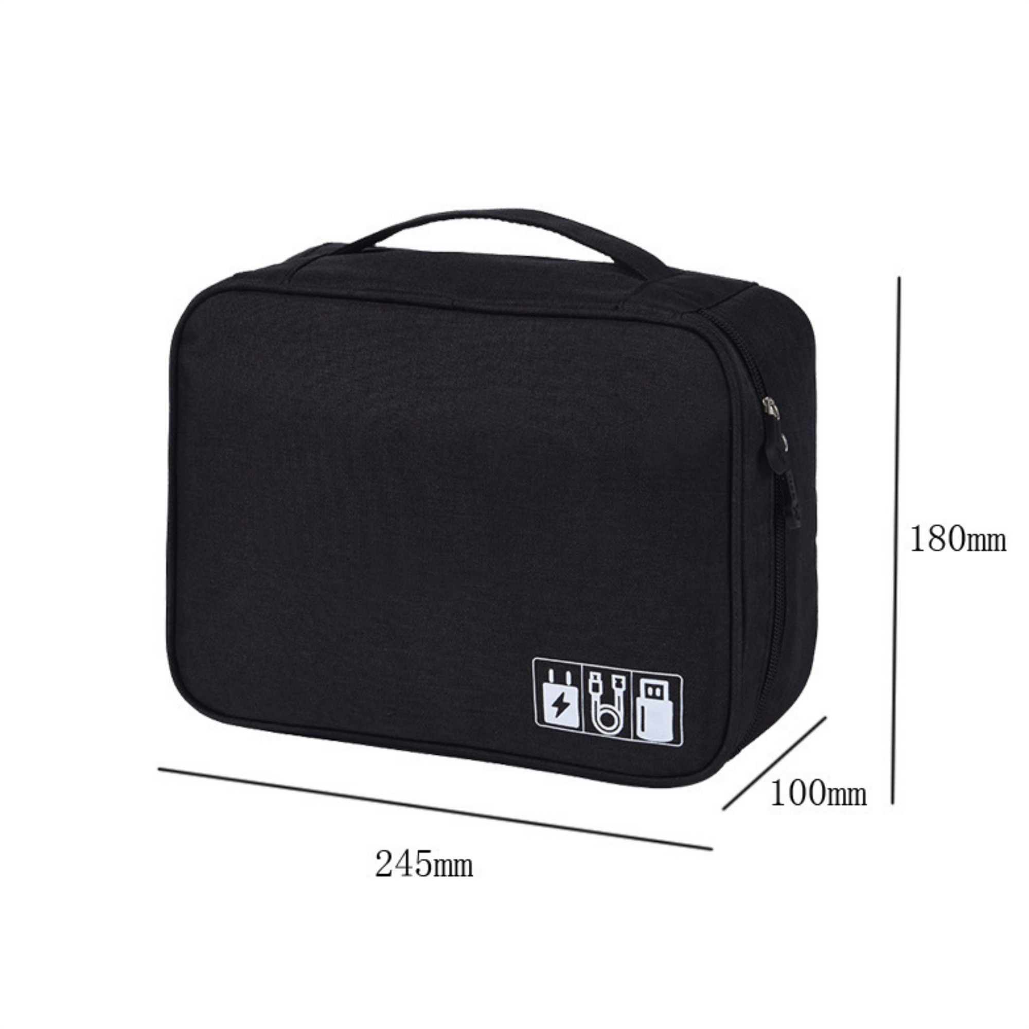 Eine schwarze Reisetasche mit Griff und Abmessungen auf der Seite.