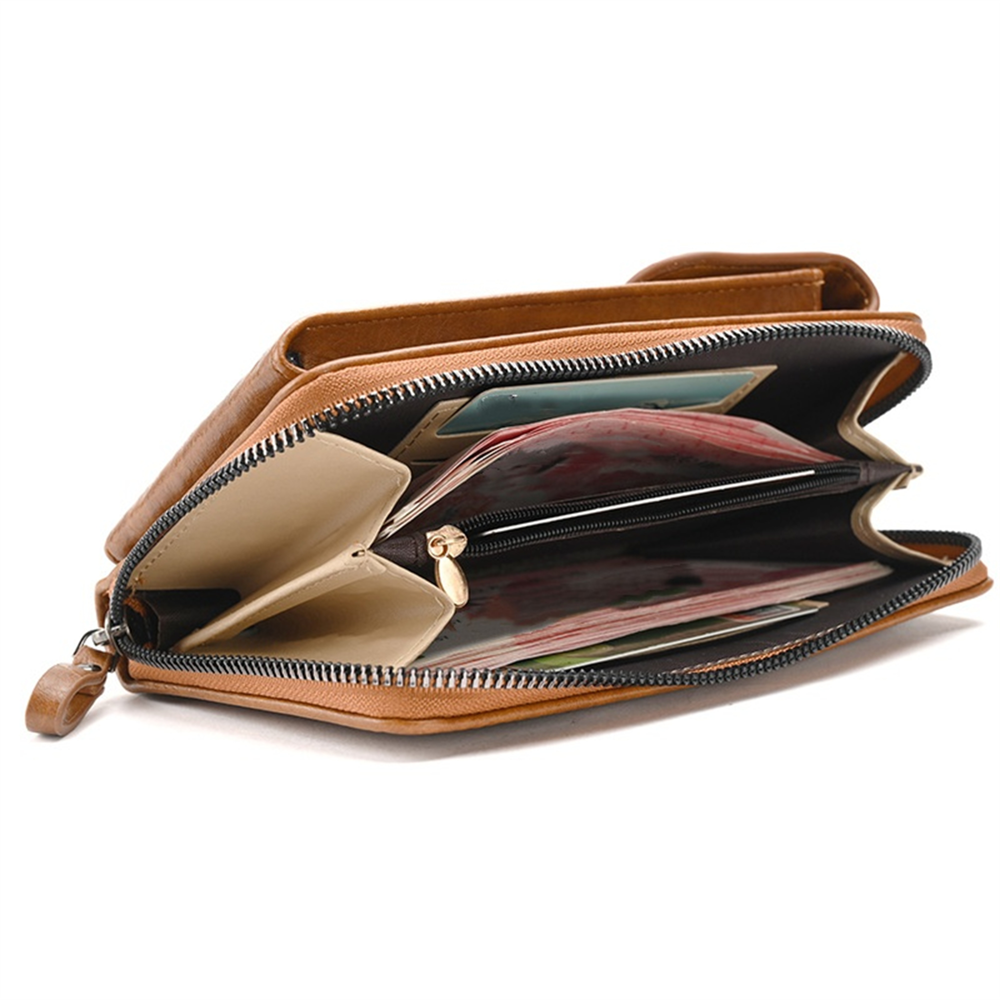 Geöffnete braune Geldbörse, gefüllt mit Karten und Geld. Reißverschluss ist offen. Beige Innenausstattung sichtbar.