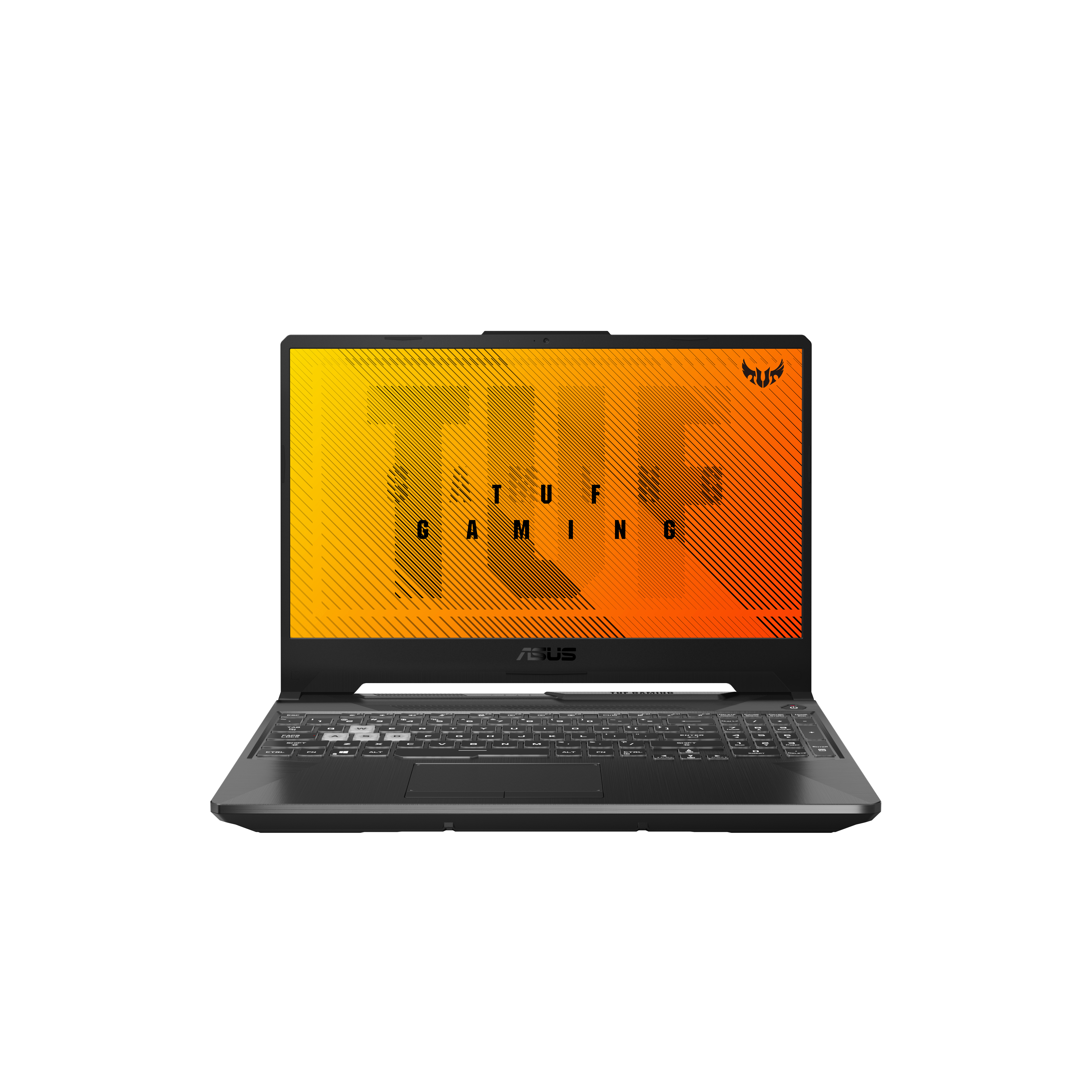 Laptop ASUS TUF nero aperto con schermo arancione e giallo vibrante che mostra testo. Sfondo bianco.