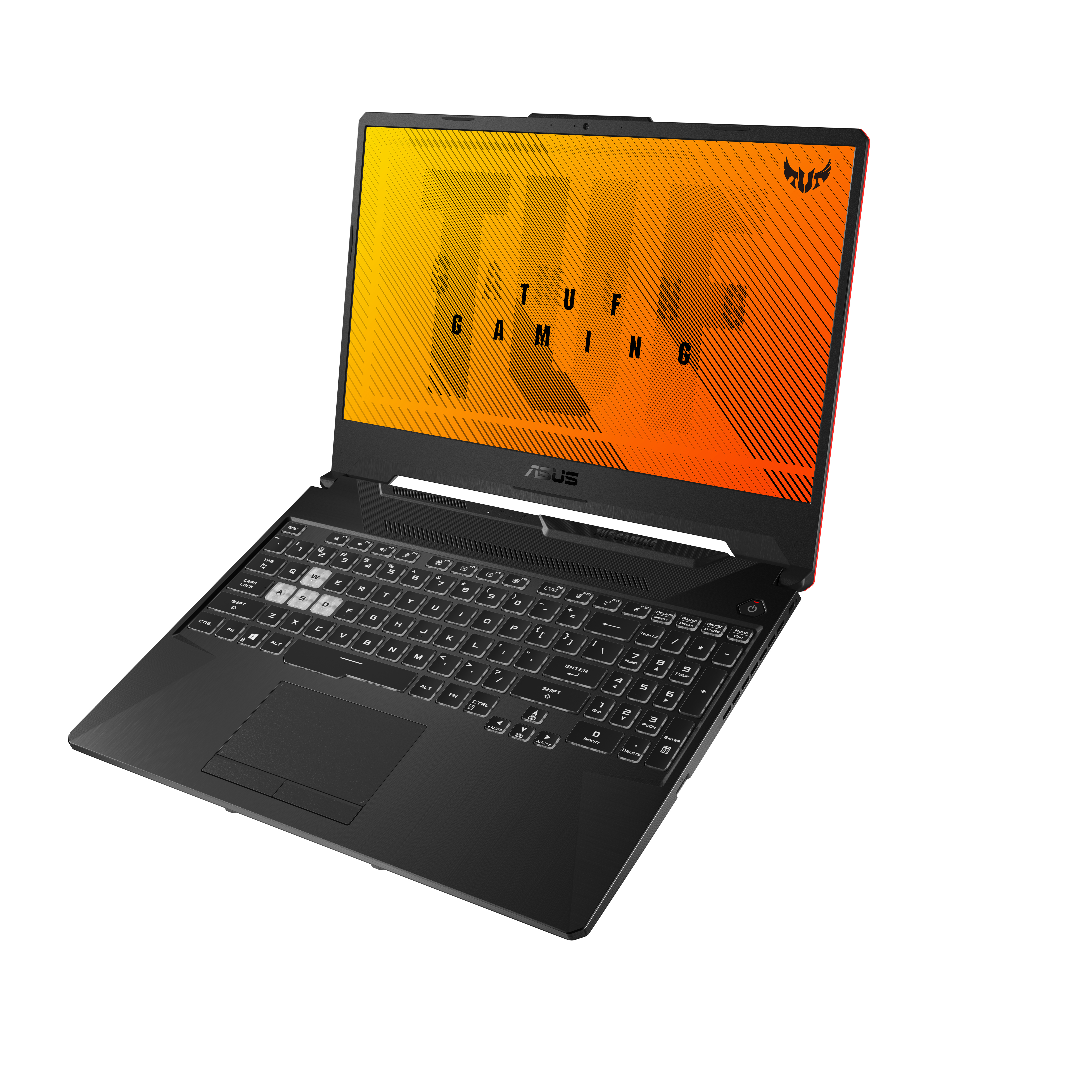 Laptop Asus TUF nero aperto, che mostra un'interfaccia di gioco. Tastiera e schermo visibili.