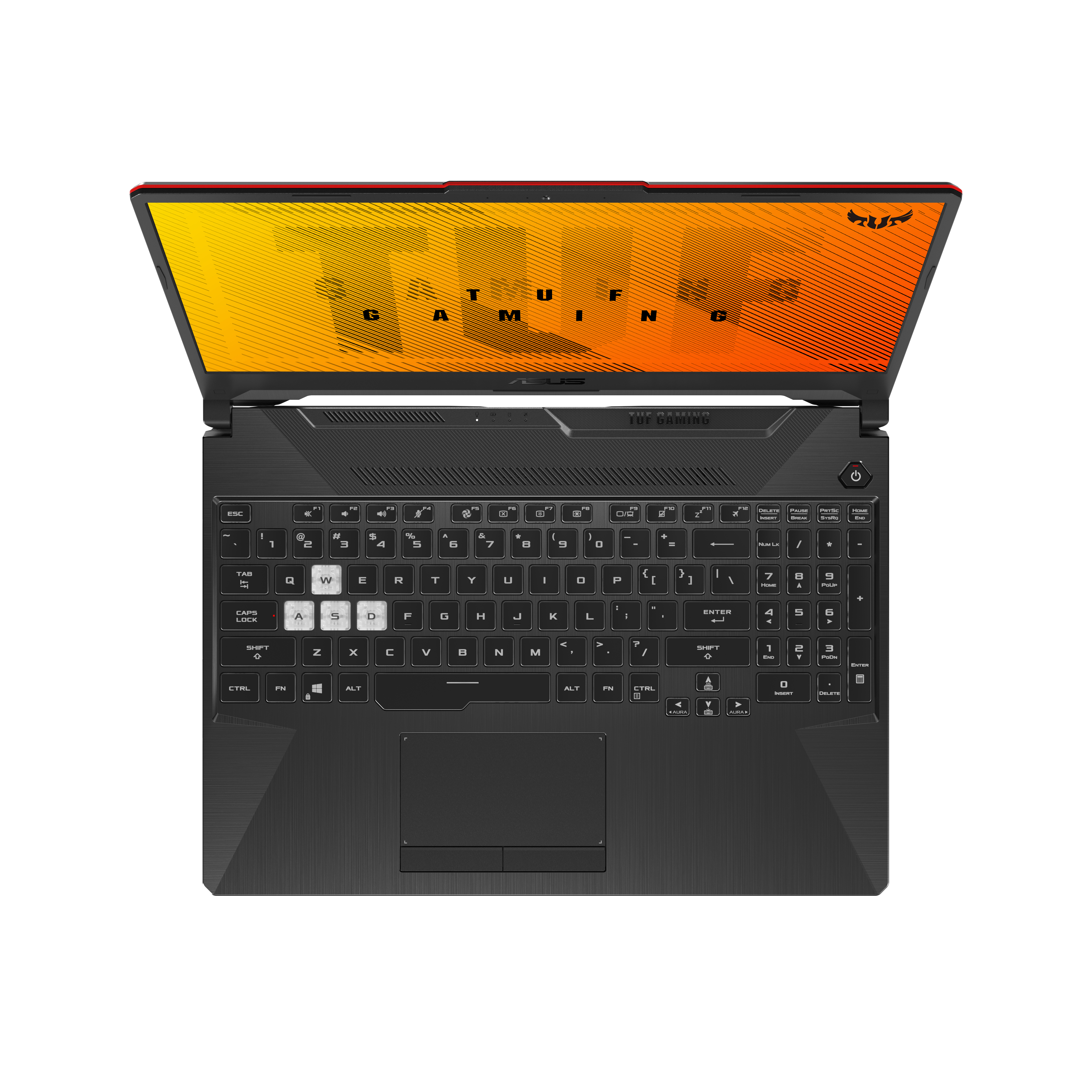 Laptop aperto, corpo nero, finiture rosse. Sfondo arancione e giallo, tastiera visibile. Sfondo bianco.