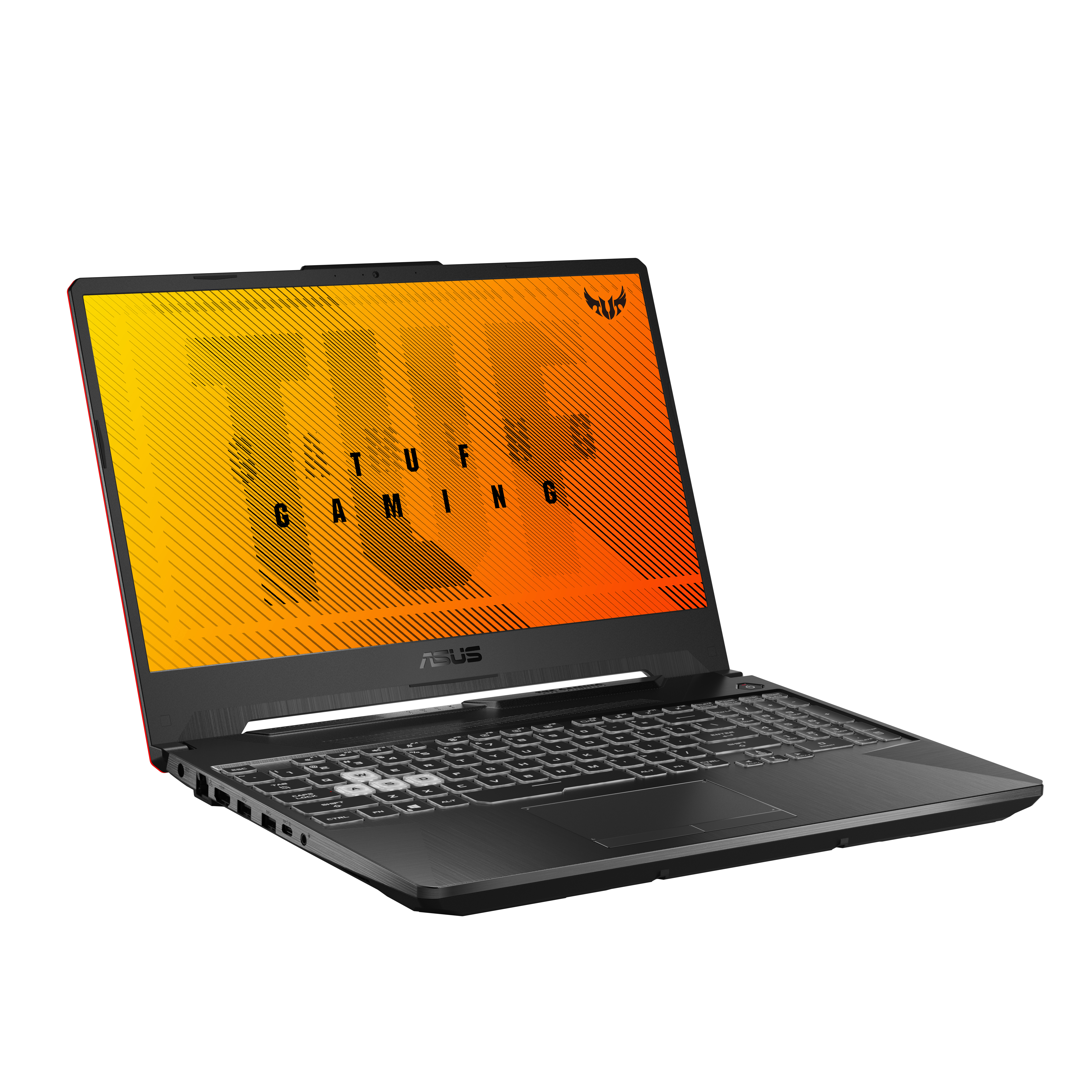 Un laptop ASUS TUF gaming nero e giallo è aperto, mostrando uno schermo colorato.