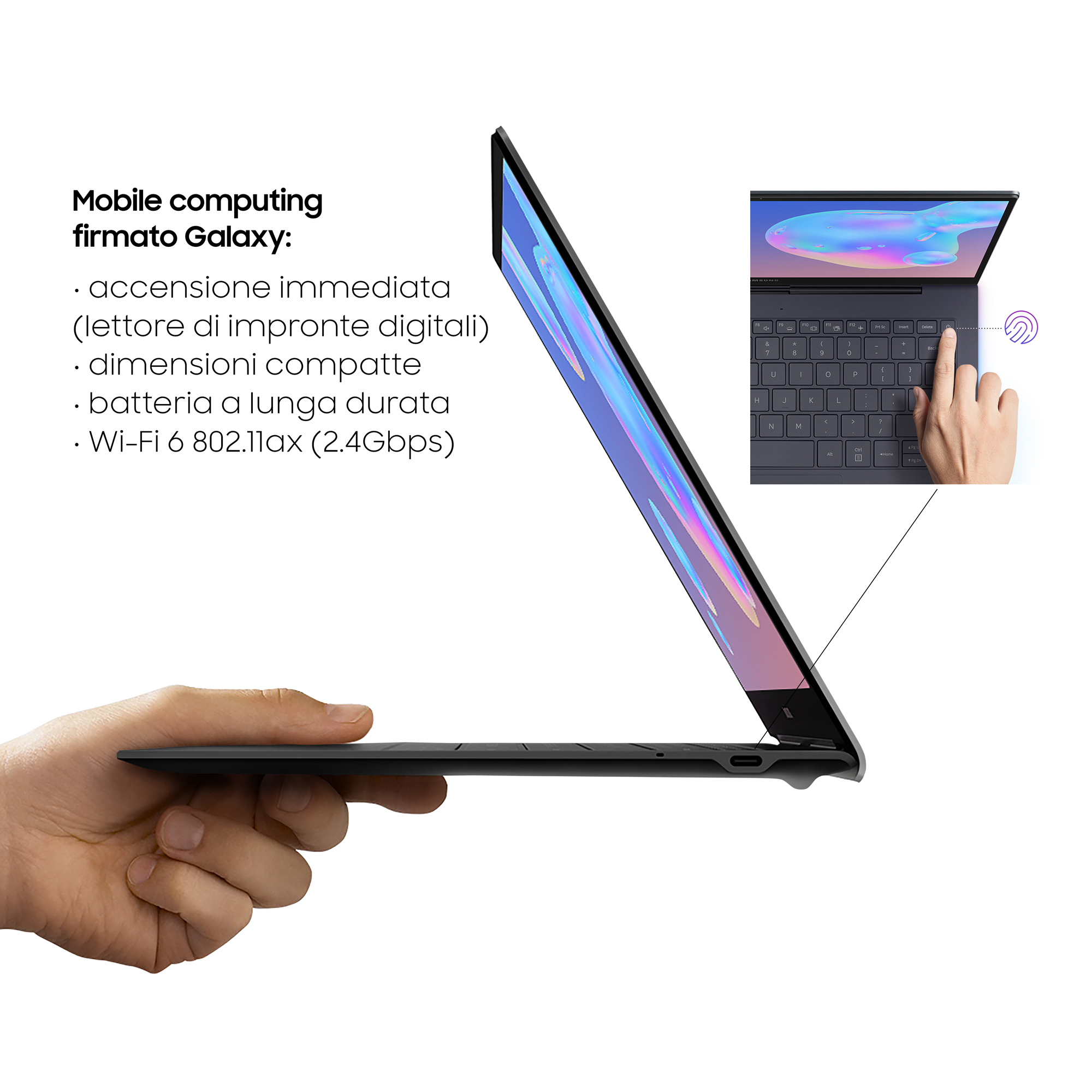 Laptop nero, vista laterale, tenuto da una mano. Un altro mostra sensore impronte digitali.
