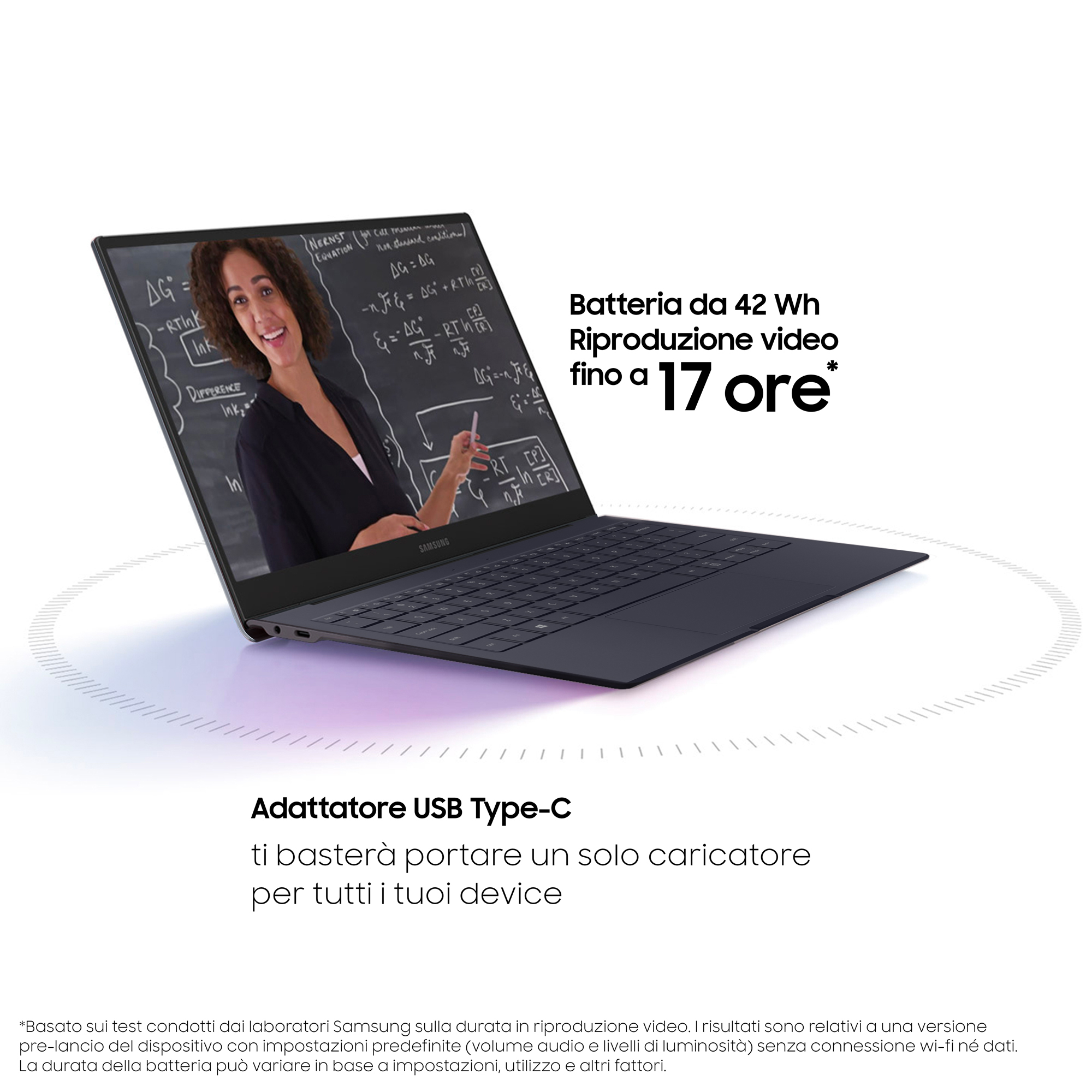 Donna sullo schermo che mostra una lezione su un laptop blu scuro. Testo sulla durata della batteria.