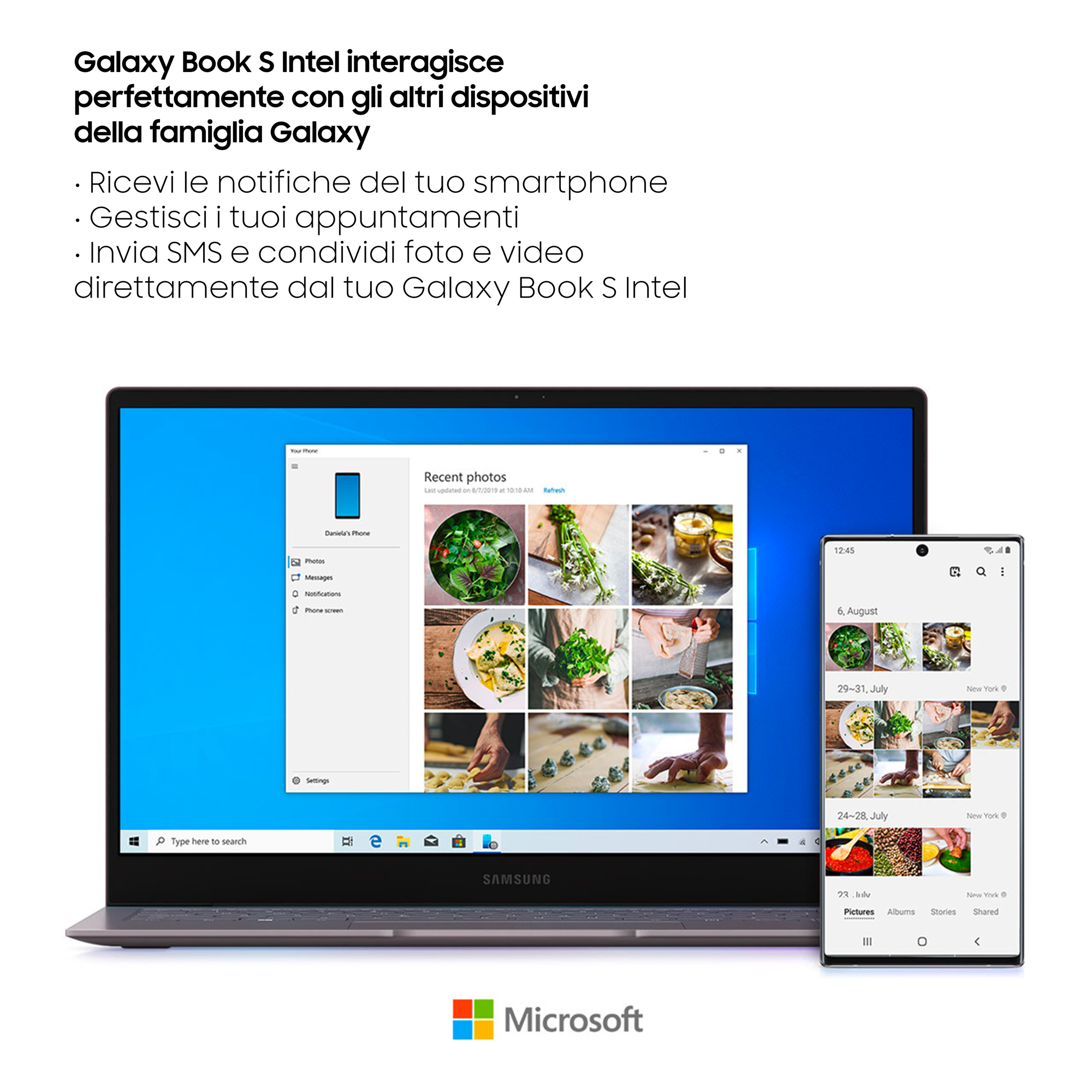 Laptop e telefono mostrano foto e notifiche. Loghi Samsung e Microsoft.